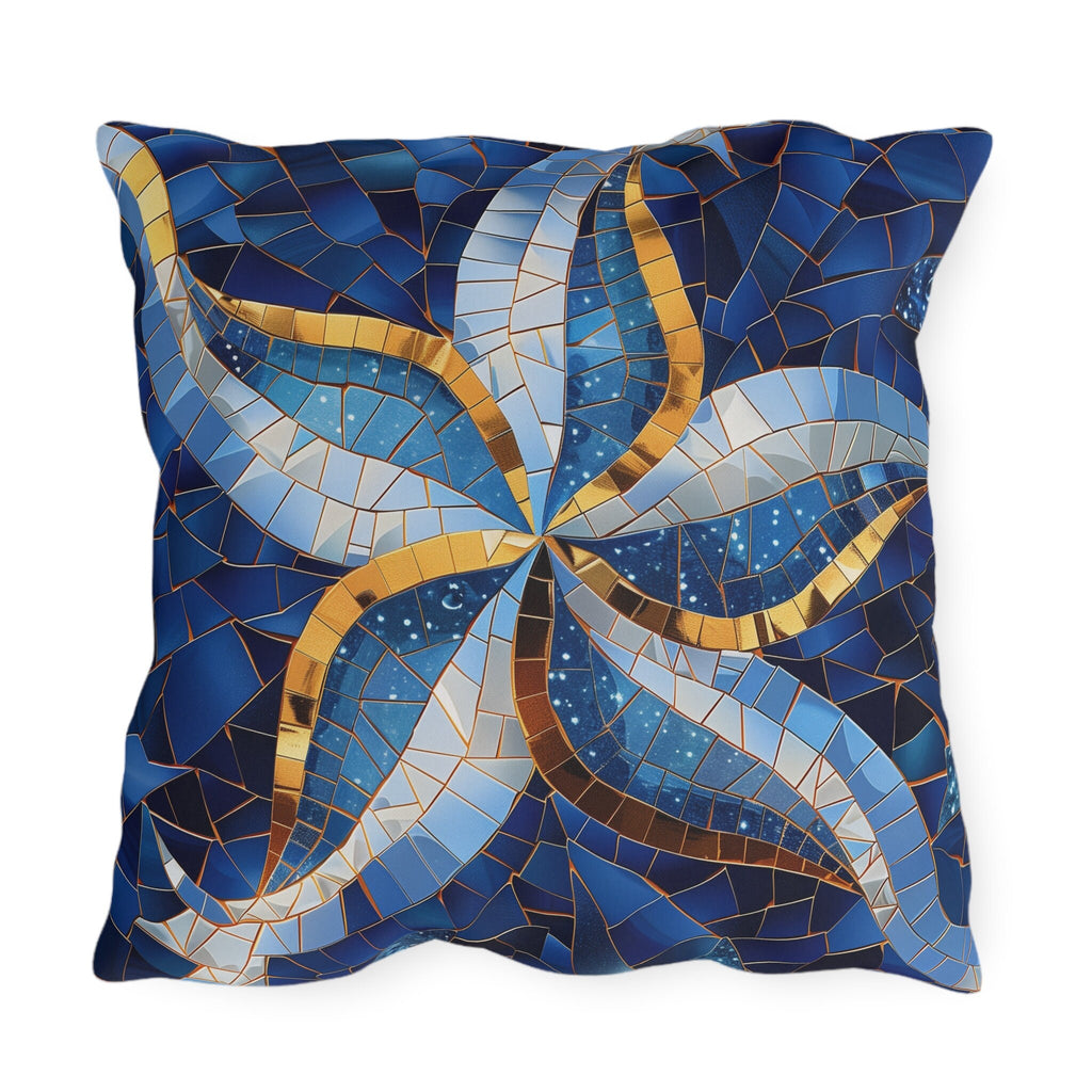 Cobalt Blue Starfish Mosaic Outdoor Pillow - Nautical Patio Cushion, Water-Resistant Beach Decor