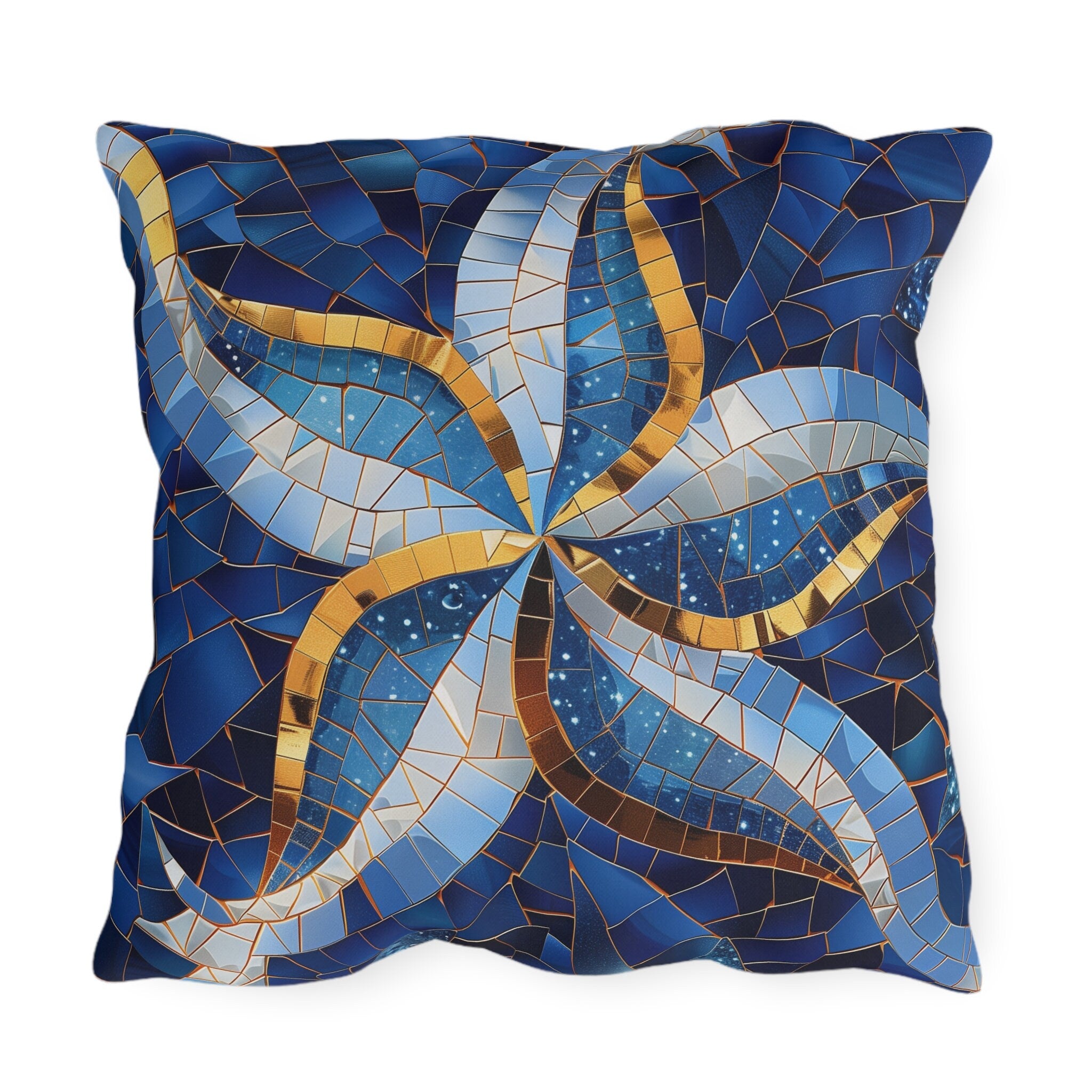 Cobalt Blue Starfish Mosaic Outdoor Pillow - Nautical Patio Cushion, Water-Resistant Beach Decor