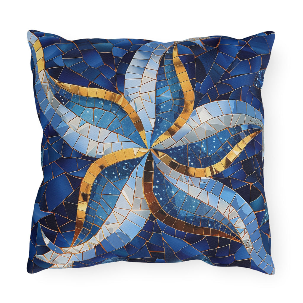 Cobalt Blue Starfish Mosaic Outdoor Pillow - Nautical Patio Cushion, Water-Resistant Beach Decor