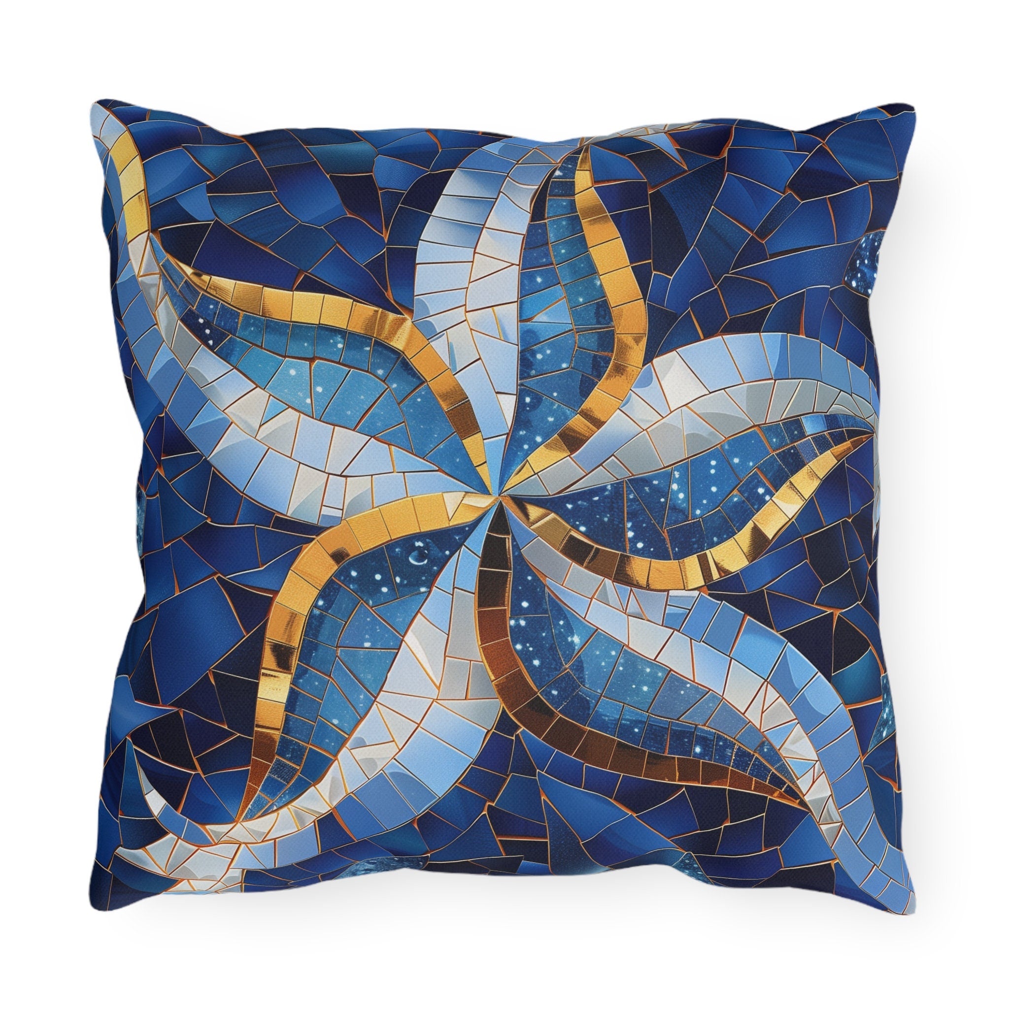 Cobalt Blue Starfish Mosaic Outdoor Pillow - Nautical Patio Cushion, Water-Resistant Beach Decor