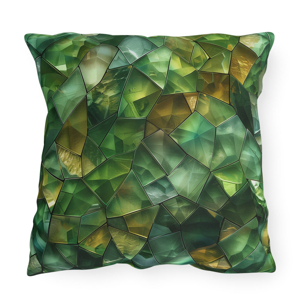 Green Geometric Outdoor Pillow: Mosaic Crystal Design, UV & Water Resistant