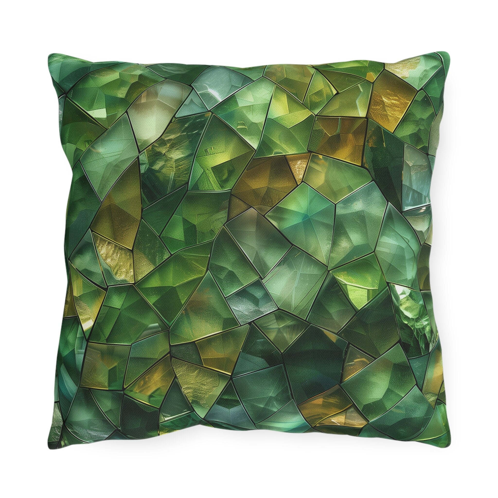 Green Geometric Outdoor Pillow: Mosaic Crystal Design, UV & Water Resistant
