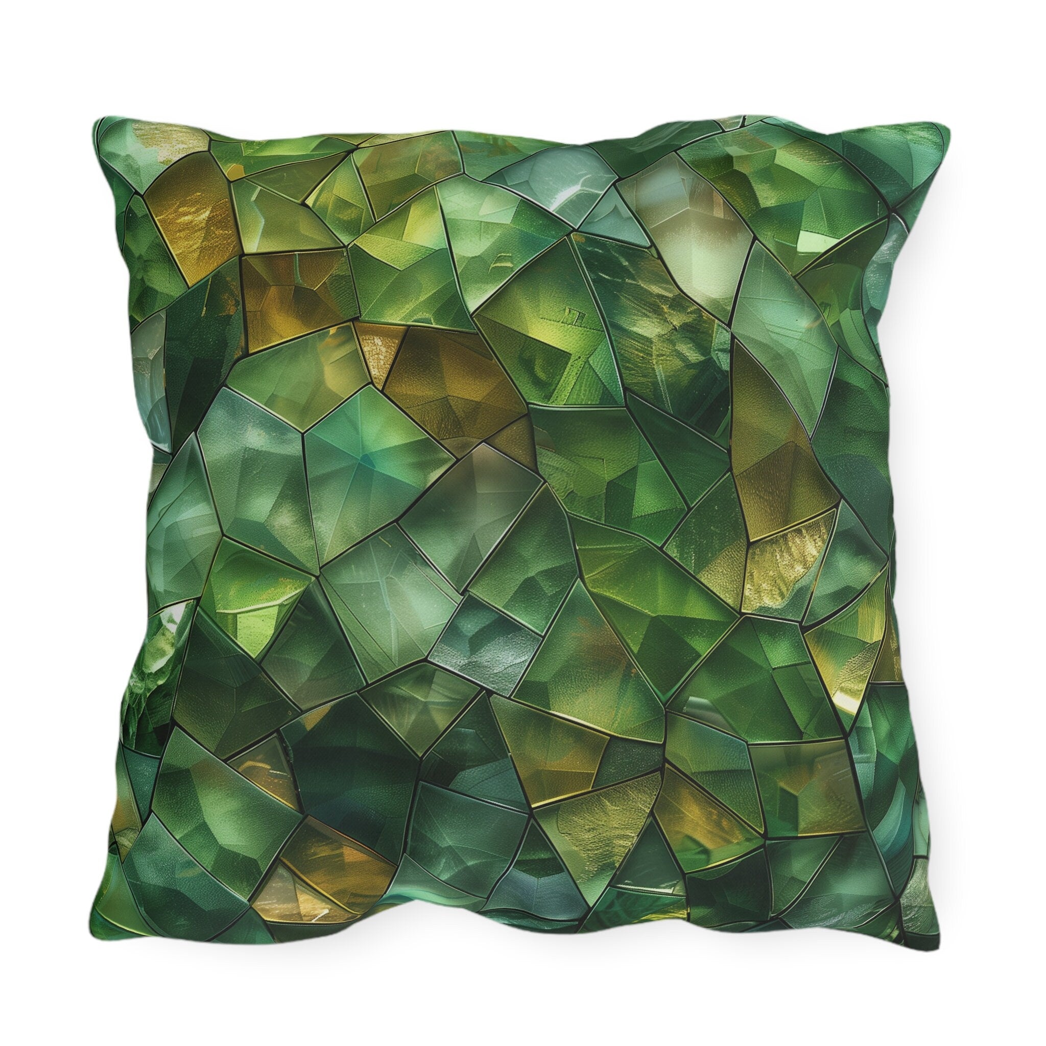 Green Geometric Outdoor Pillow: Mosaic Crystal Design, UV & Water Resistant