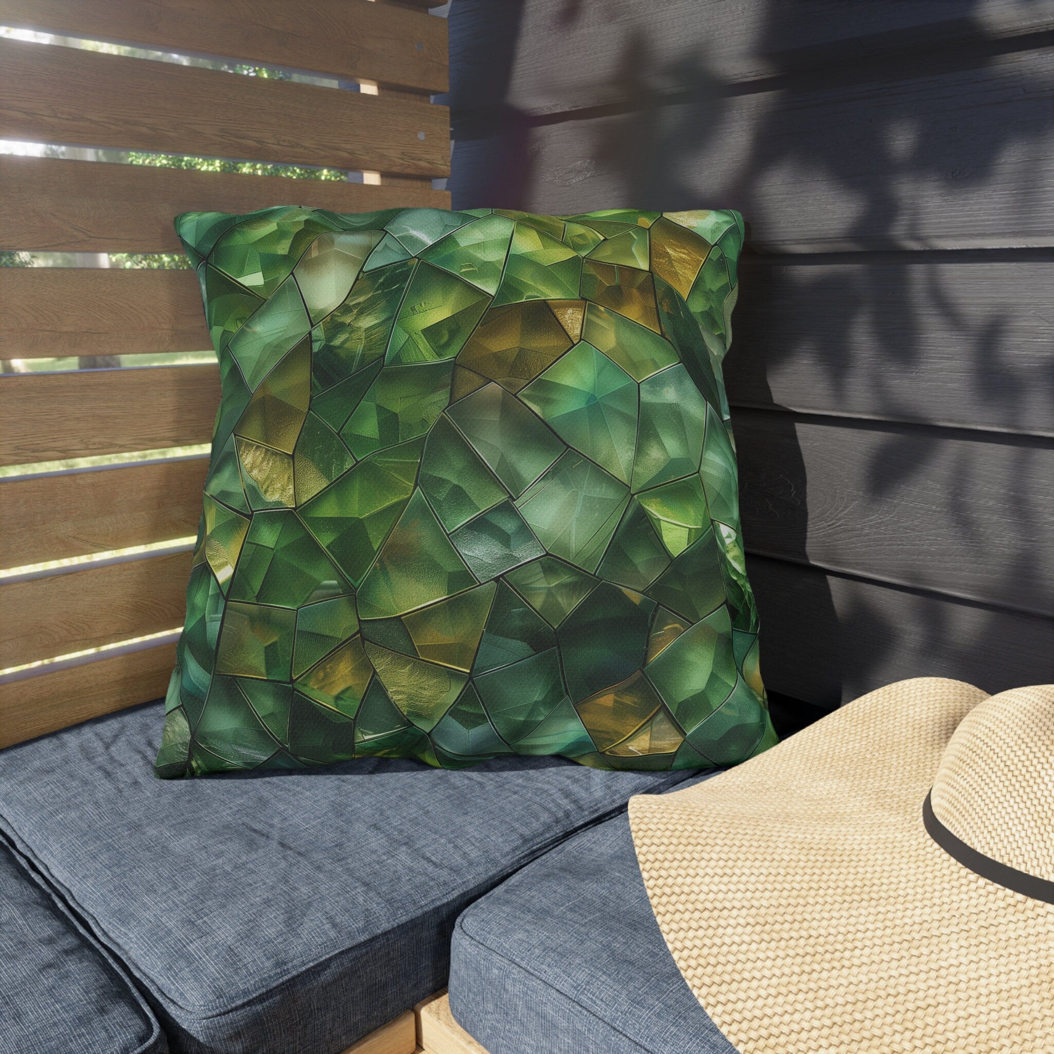 Green Geometric Outdoor Pillow: Mosaic Crystal Design, UV & Water Resistant