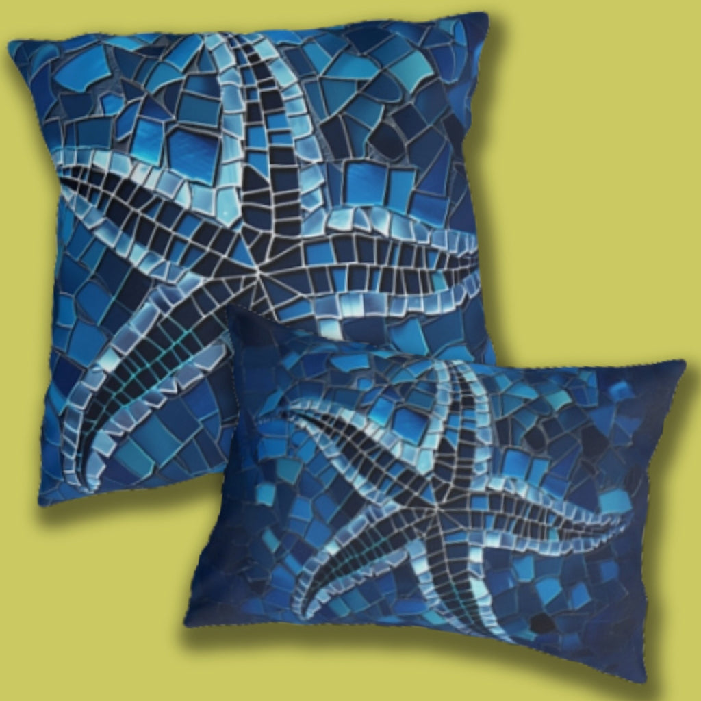 Waterproof Mosaic Starfish Outdoor Pillow: Coastal Decor for Patio, Beach House & Poolside