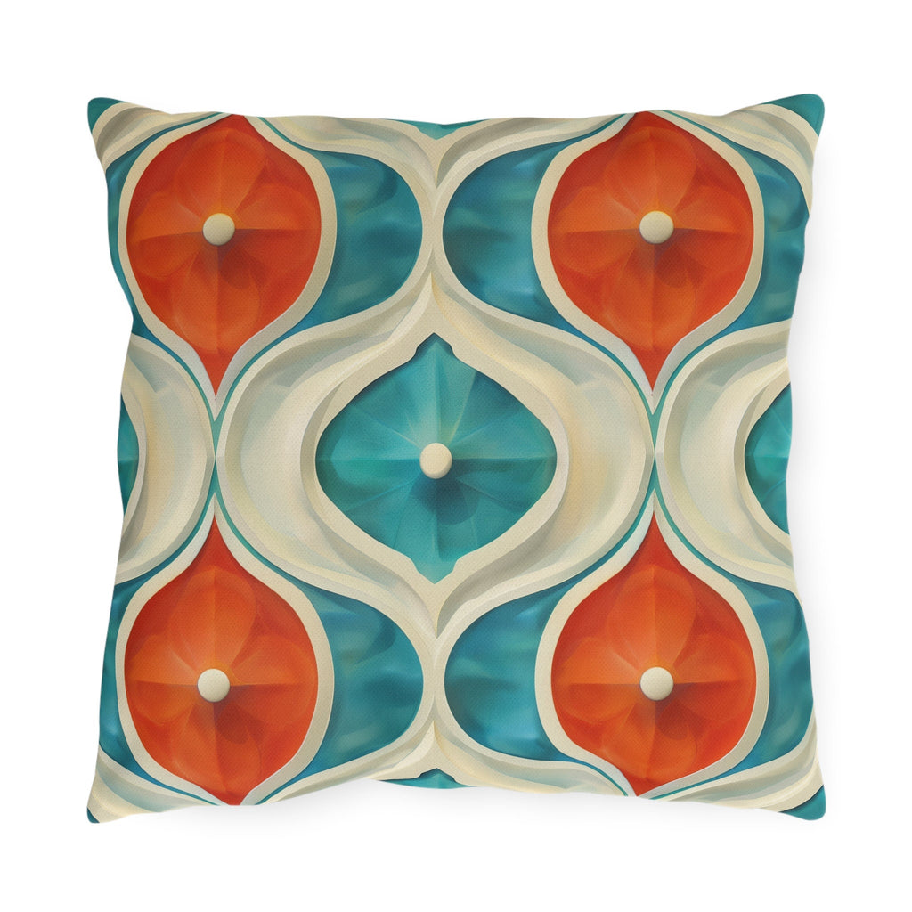 Retro Geometric Outdoor Pillow: Mid-Century Modern Turquoise & Orange UV-Resistant Cushion