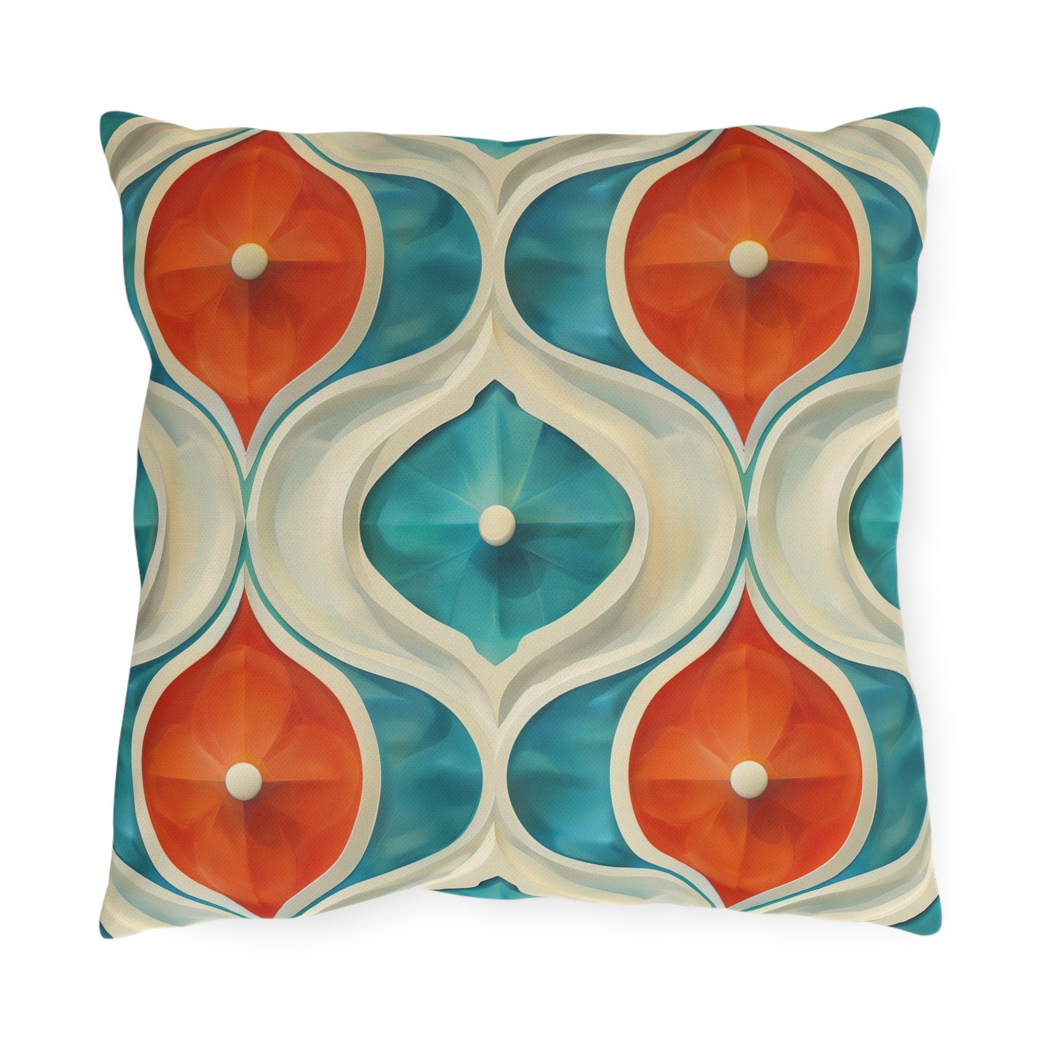 Retro Geometric Outdoor Pillow: Mid-Century Modern Turquoise & Orange UV-Resistant Cushion