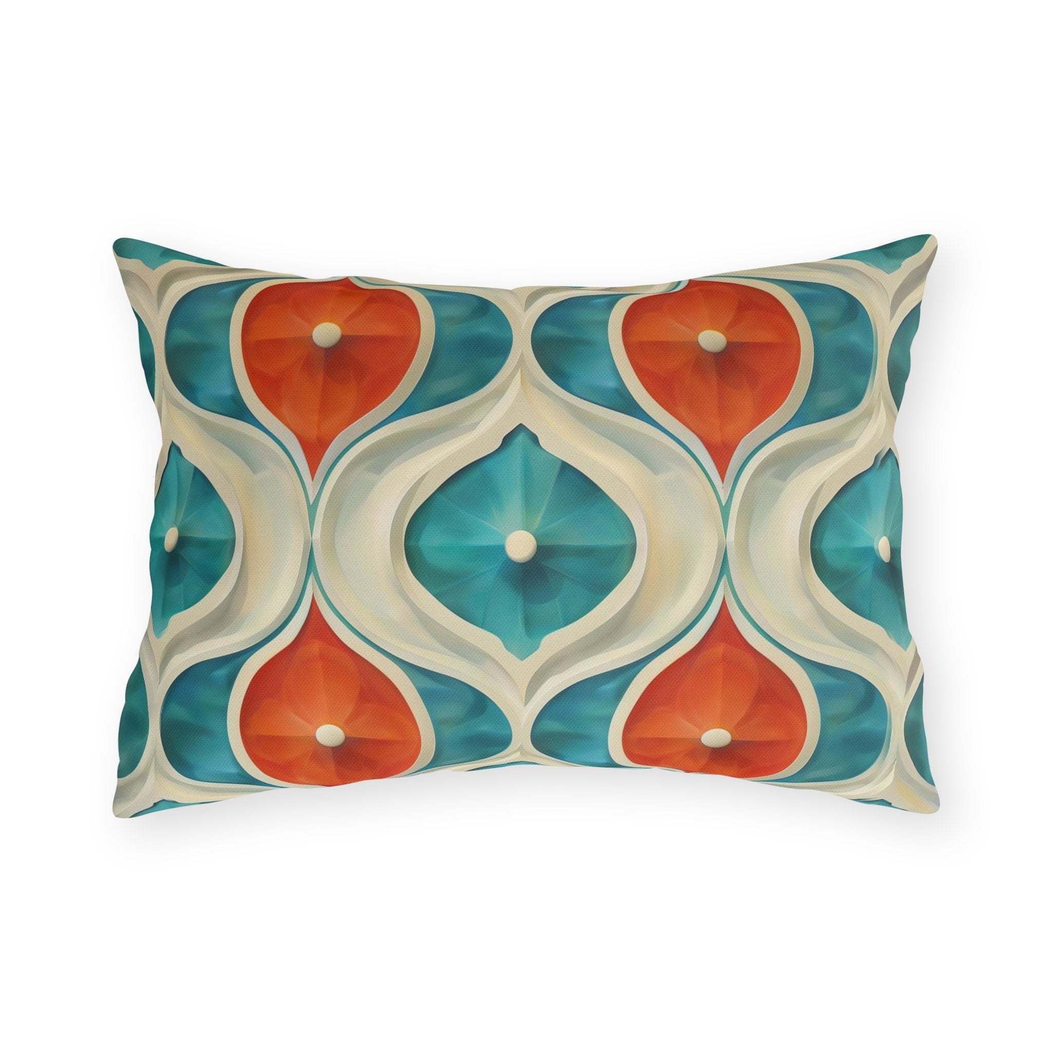 Retro Geometric Outdoor Pillow: Mid-Century Modern Turquoise & Orange UV-Resistant Cushion