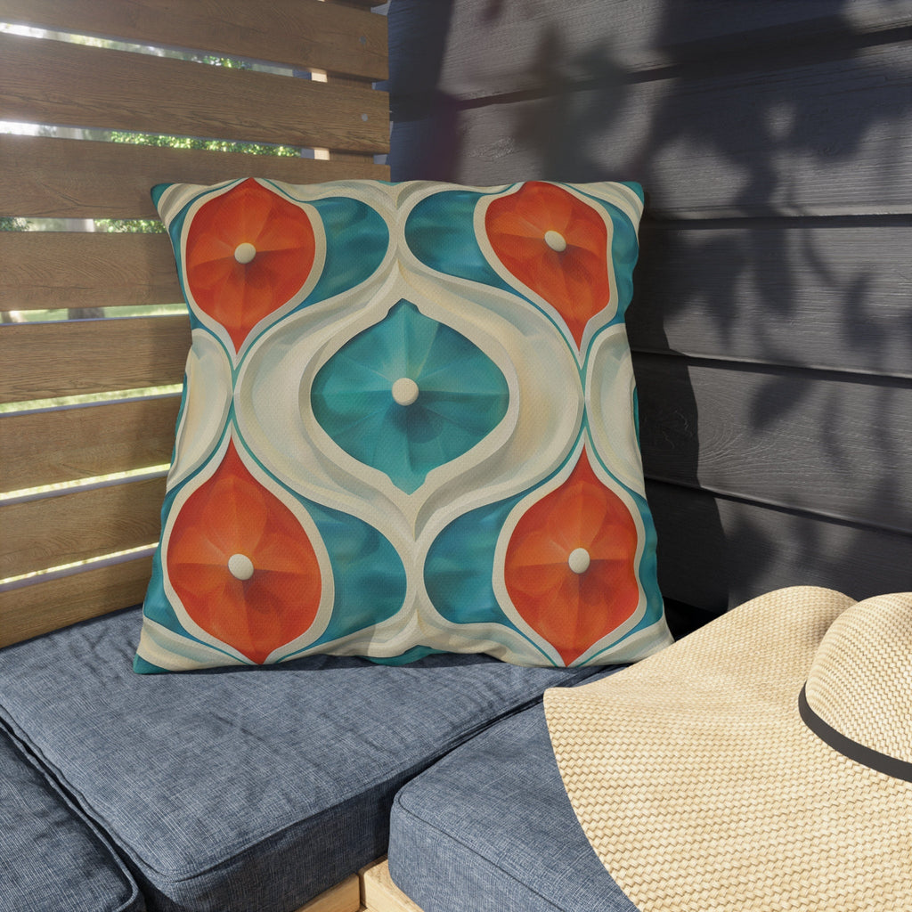 Retro Geometric Outdoor Pillow: Mid-Century Modern Turquoise & Orange UV-Resistant Cushion
