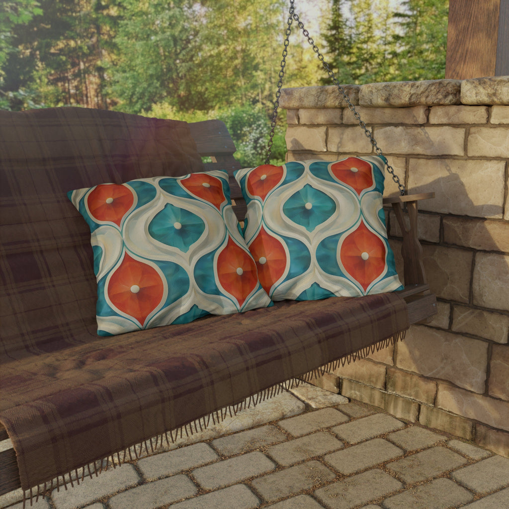 Retro Geometric Outdoor Pillow: Mid-Century Modern Turquoise & Orange UV-Resistant Cushion