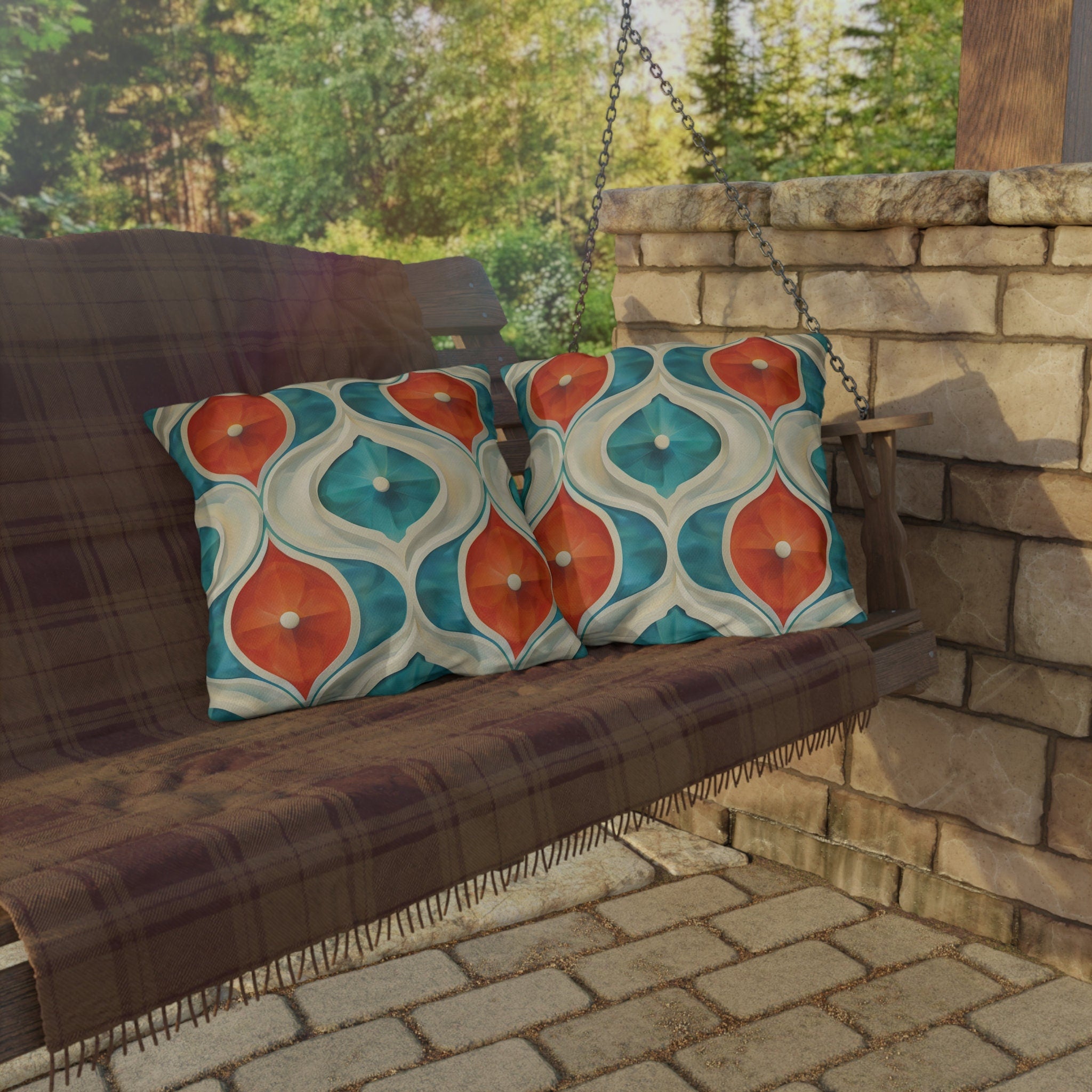 Retro Geometric Outdoor Pillow: Mid-Century Modern Turquoise & Orange UV-Resistant Cushion