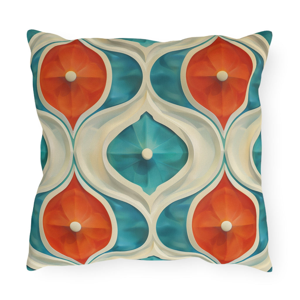 Retro Geometric Outdoor Pillow: Mid-Century Modern Turquoise & Orange UV-Resistant Cushion