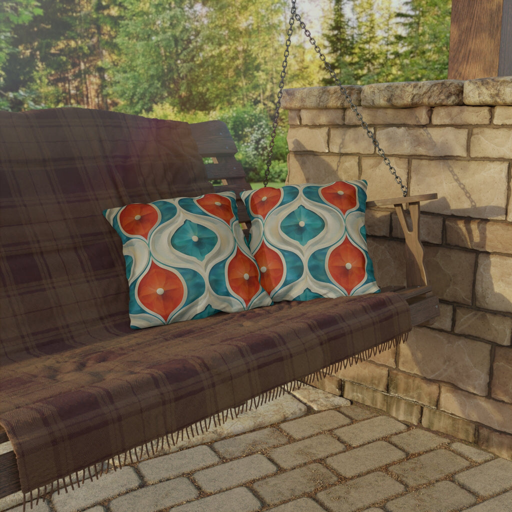 Retro Geometric Outdoor Pillow: Mid-Century Modern Turquoise & Orange UV-Resistant Cushion