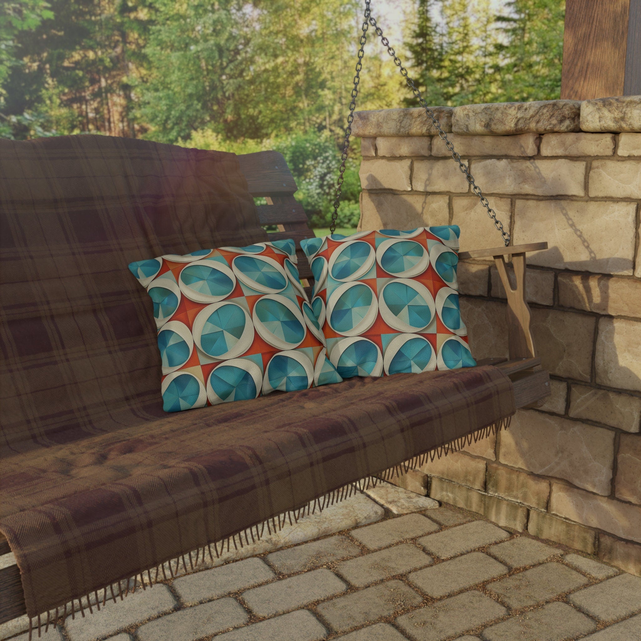 Mid-Century Modern Outdoor Pillow: Burnt Orange & Turquoise Optical Illusion