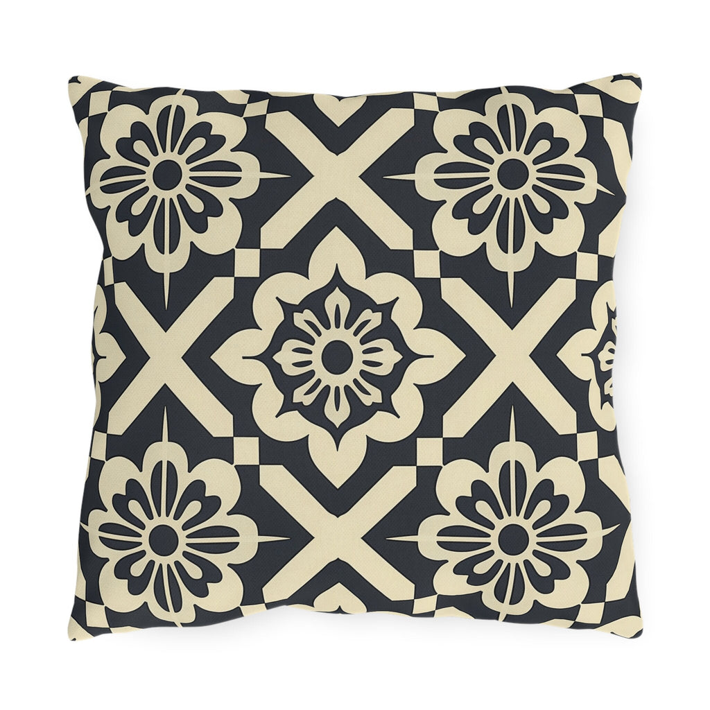 Navy & Cream Geometric Floral Outdoor Pillow - Symmetrical Tile Design for Modern Patio Decor
