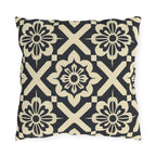 Navy & Cream Geometric Floral Outdoor Pillow - Symmetrical Tile Design for Modern Patio Decor