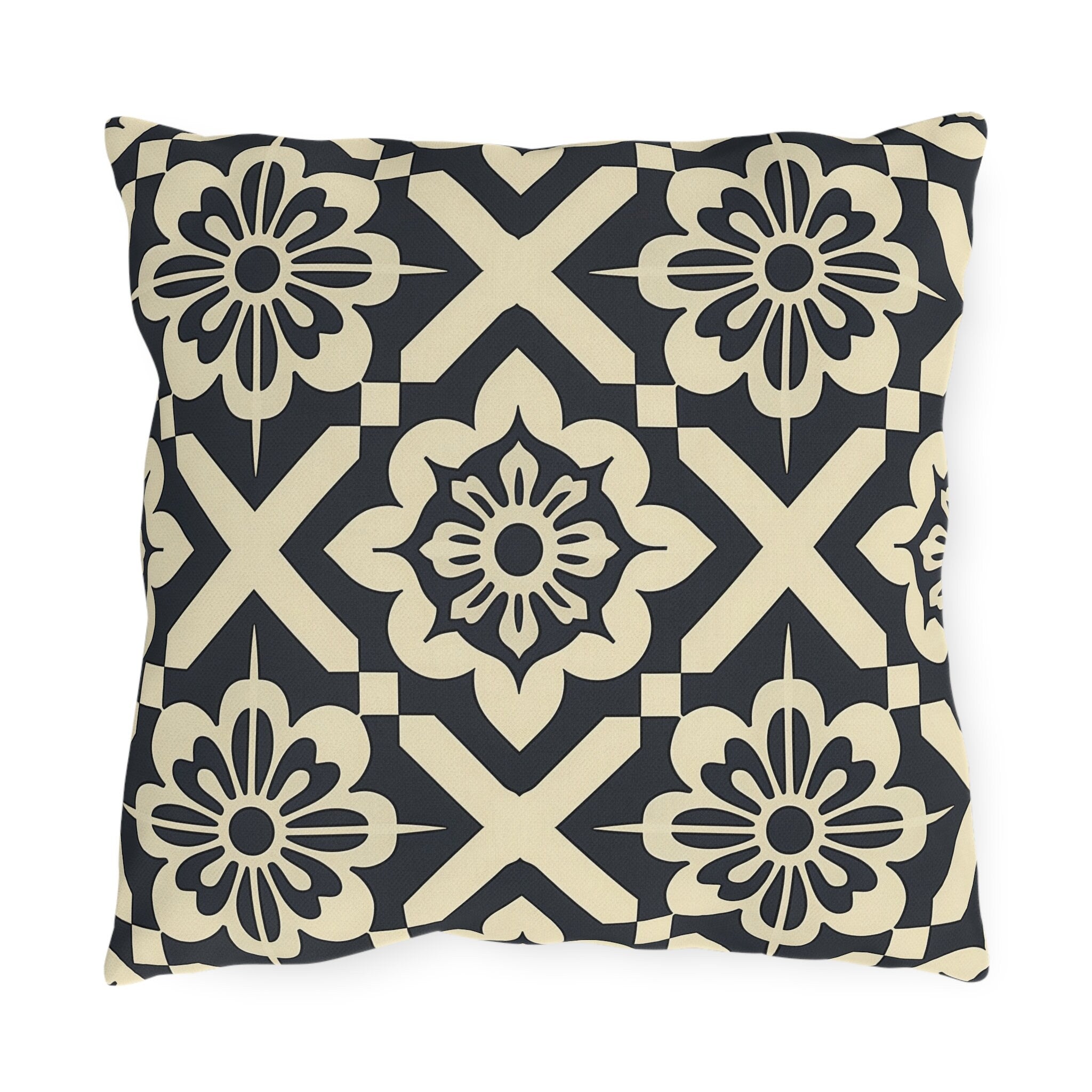 Navy & Cream Geometric Floral Outdoor Pillow - Symmetrical Tile Design for Modern Patio Decor