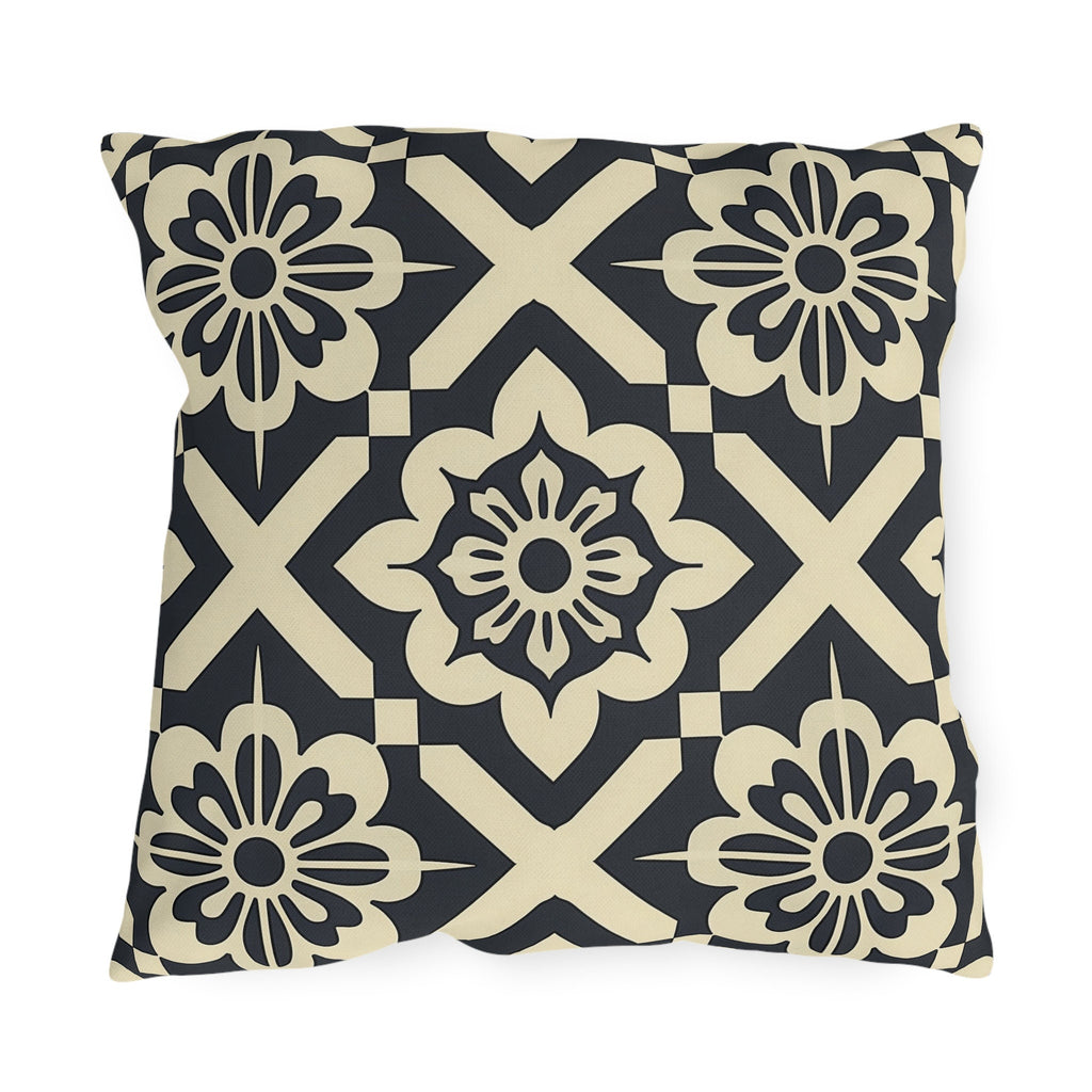 Navy & Cream Geometric Floral Outdoor Pillow - Symmetrical Tile Design for Modern Patio Decor