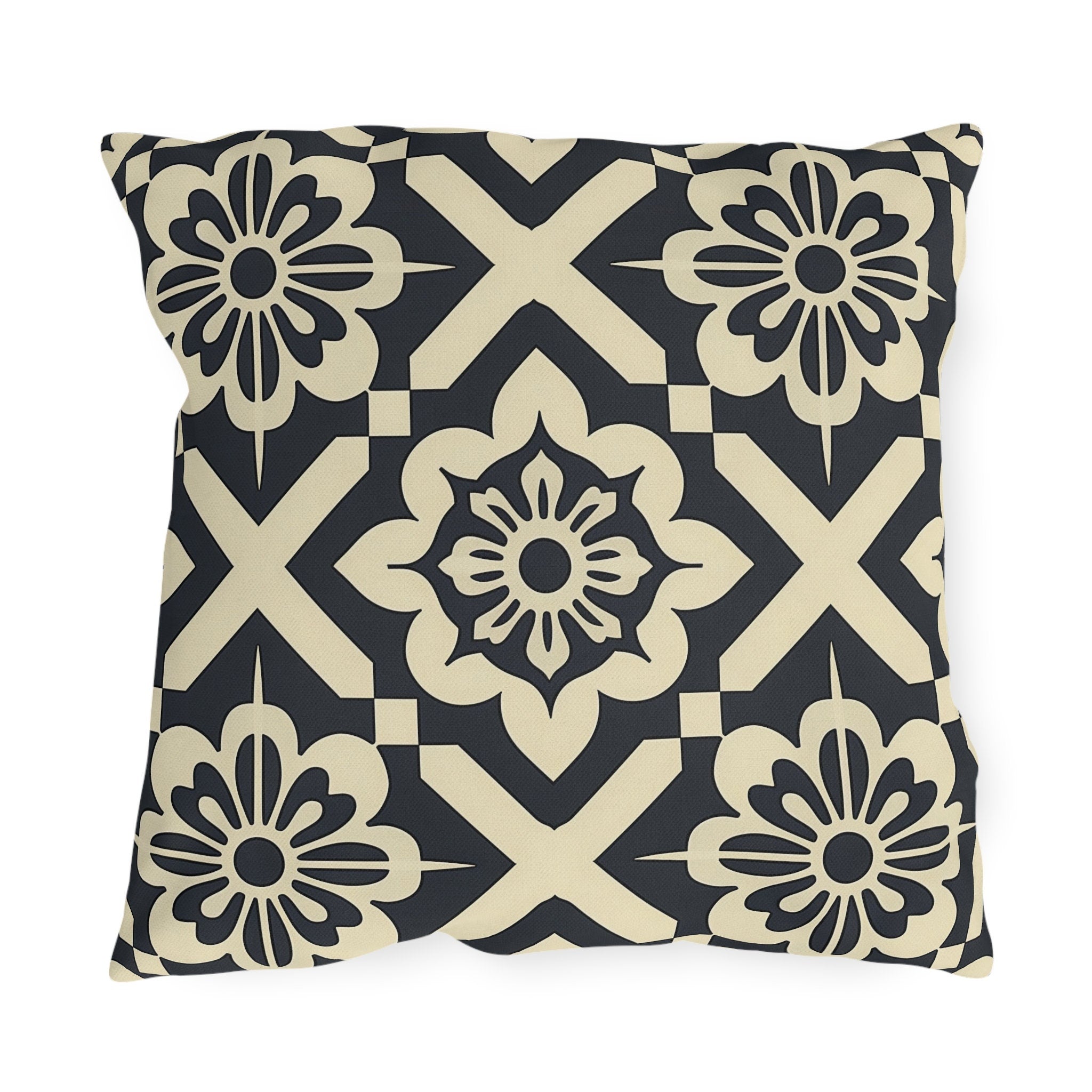 Navy & Cream Geometric Floral Outdoor Pillow - Symmetrical Tile Design for Modern Patio Decor