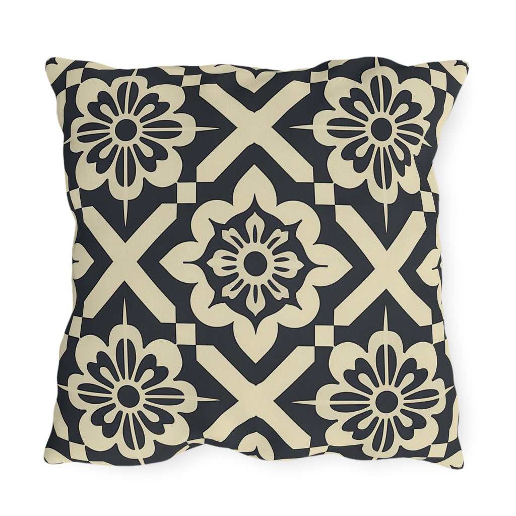 Navy & Cream Geometric Floral Outdoor Pillow - Symmetrical Tile Design for Modern Patio Decor