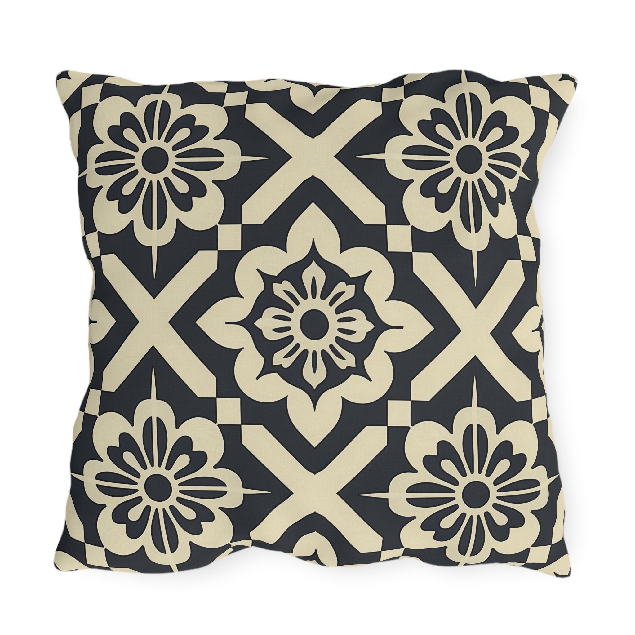 Navy & Cream Geometric Floral Outdoor Pillow - Symmetrical Tile Design for Modern Patio Decor