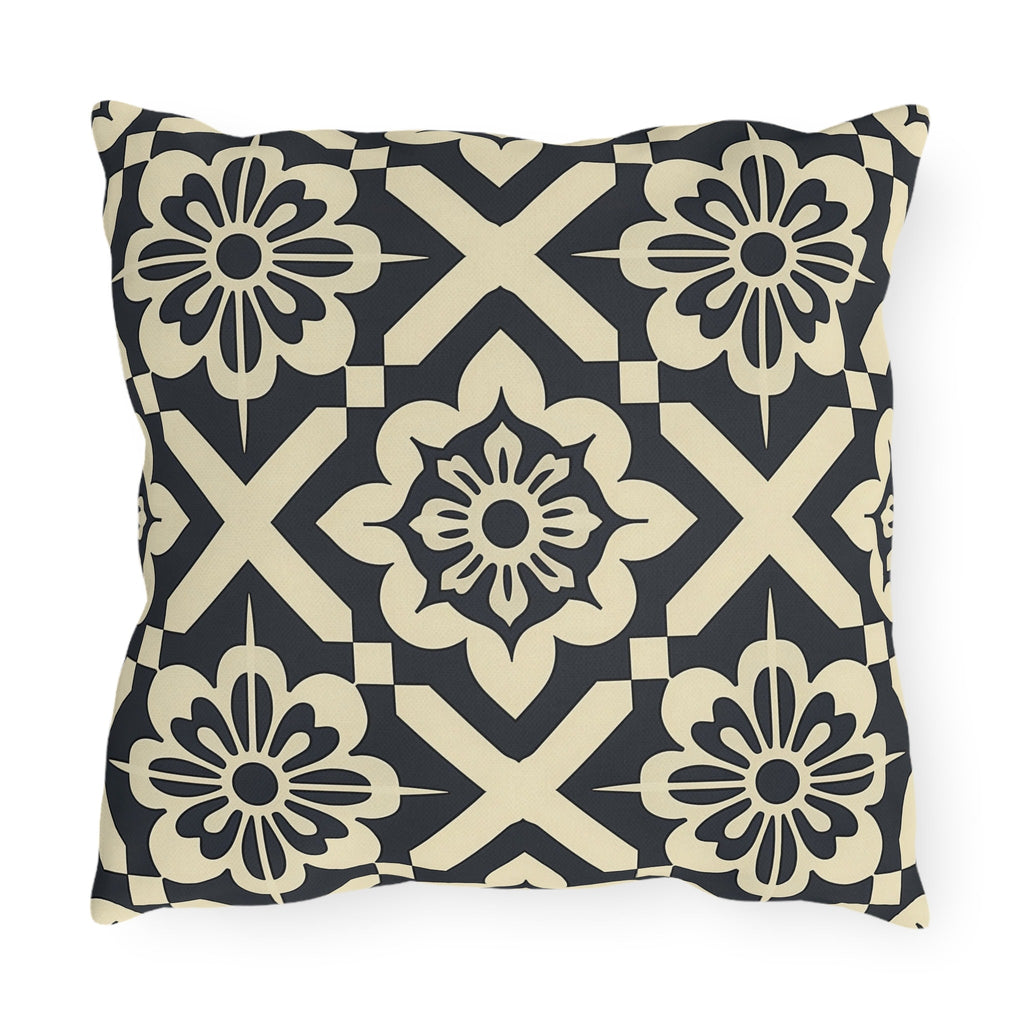 Navy & Cream Geometric Floral Outdoor Pillow - Symmetrical Tile Design for Modern Patio Decor