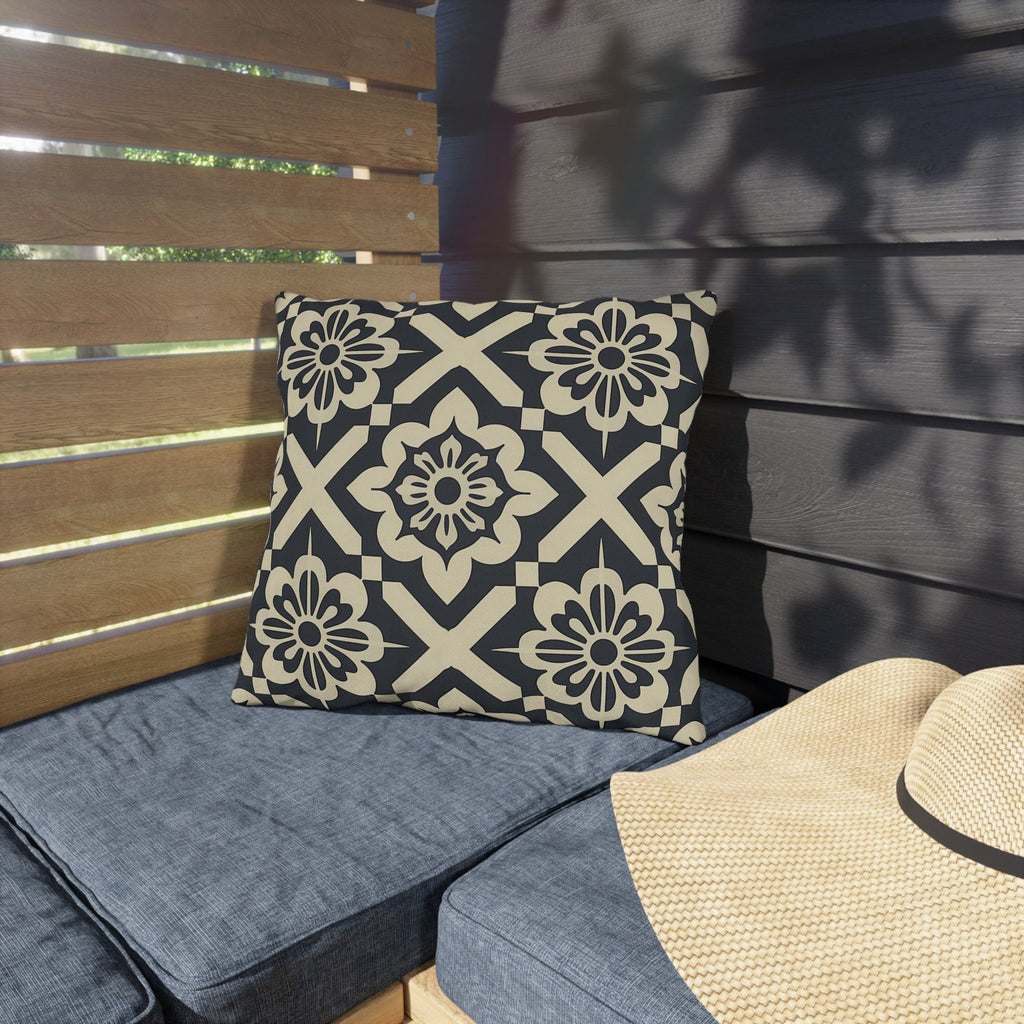 Navy & Cream Geometric Floral Outdoor Pillow - Symmetrical Tile Design for Modern Patio Decor