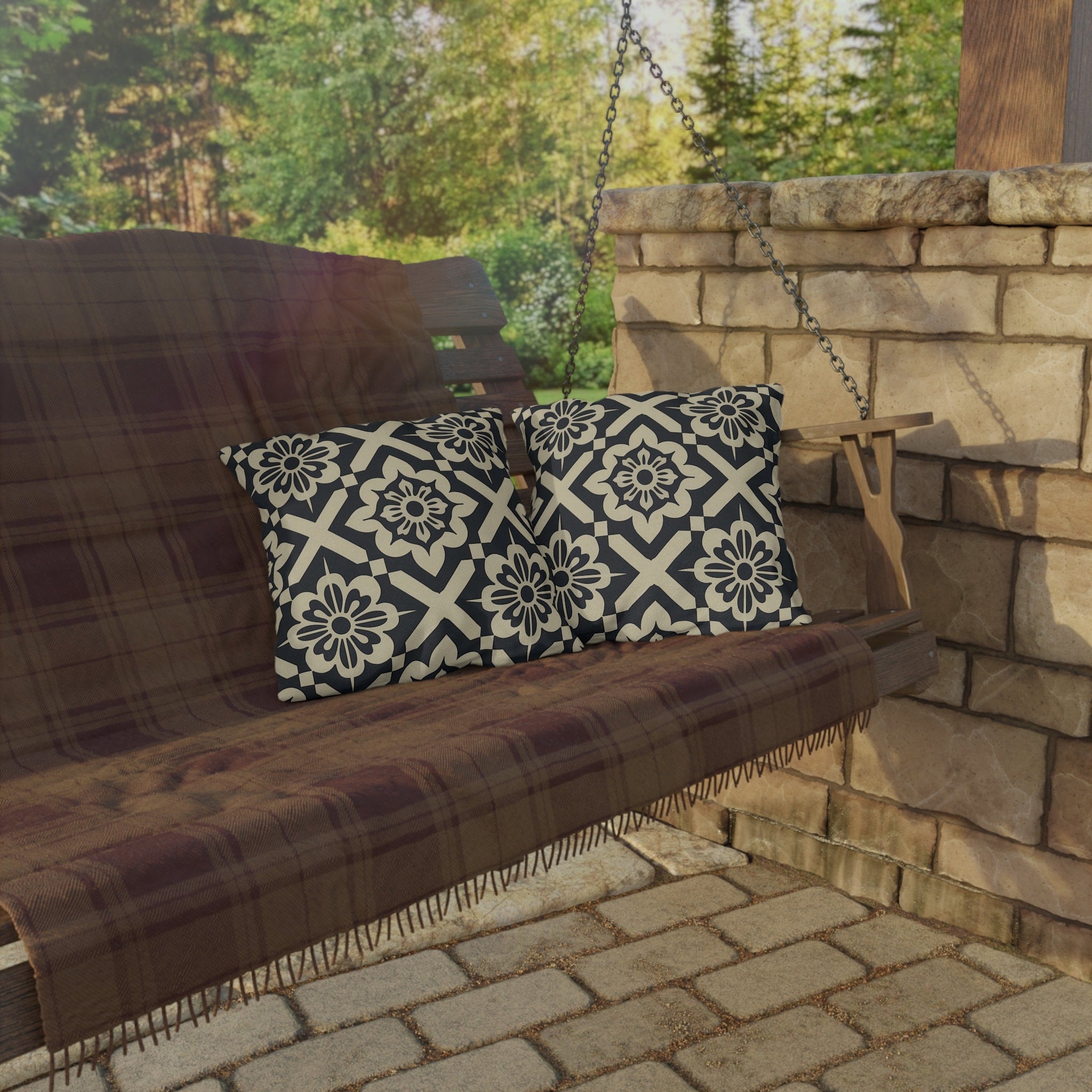 Navy & Cream Geometric Floral Outdoor Pillow - Symmetrical Tile Design for Modern Patio Decor