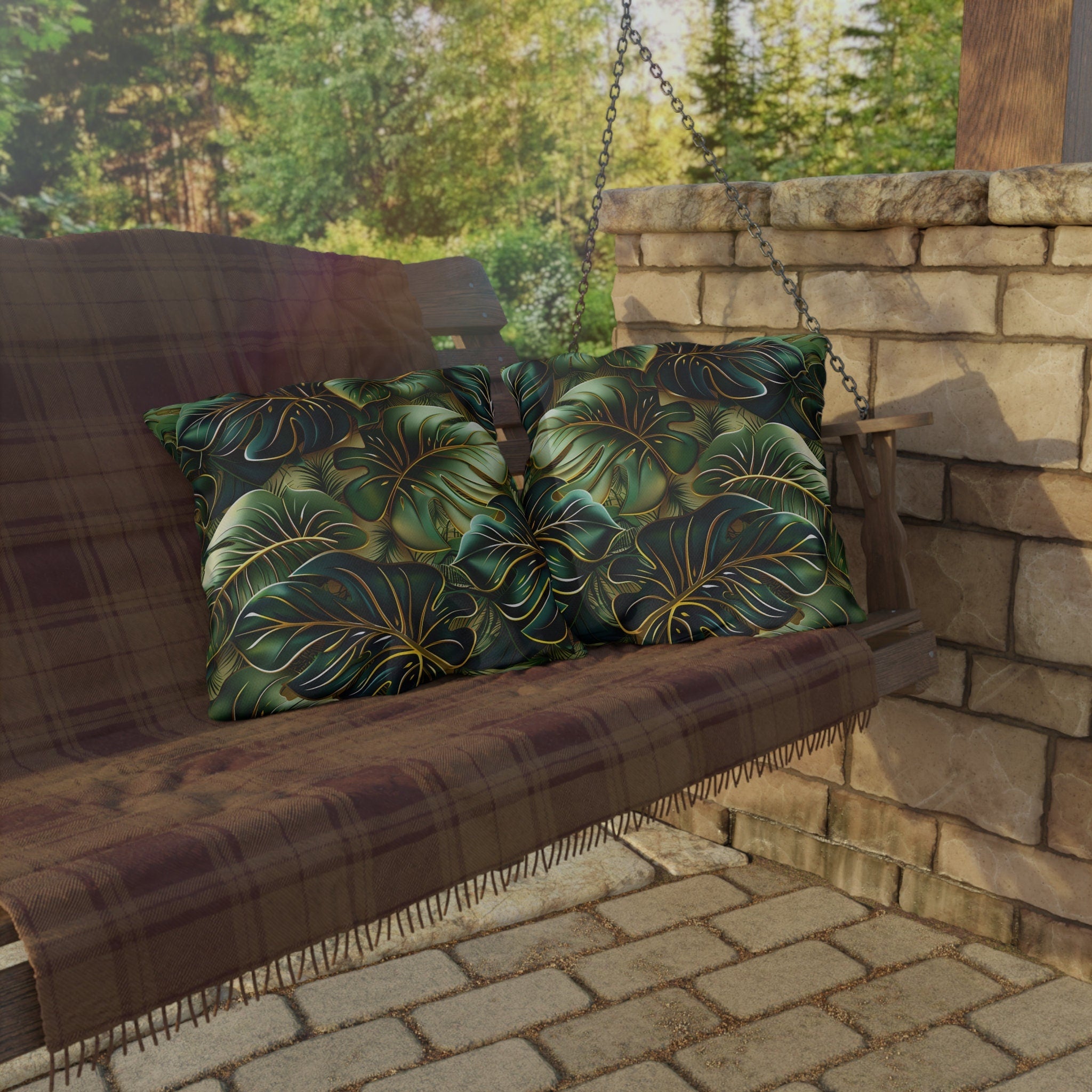 Vibrant Tropical Monstera Outdoor Pillow: UV-Resistant Jungle Design for Patio & Pool Decor