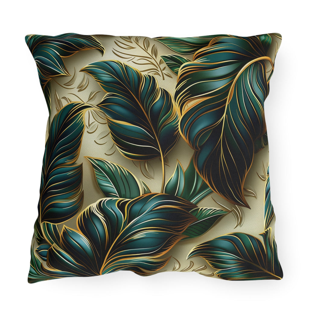 Elegant Monstera Leaf Outdoor Pillow: Tropical Chic, Beige and Green