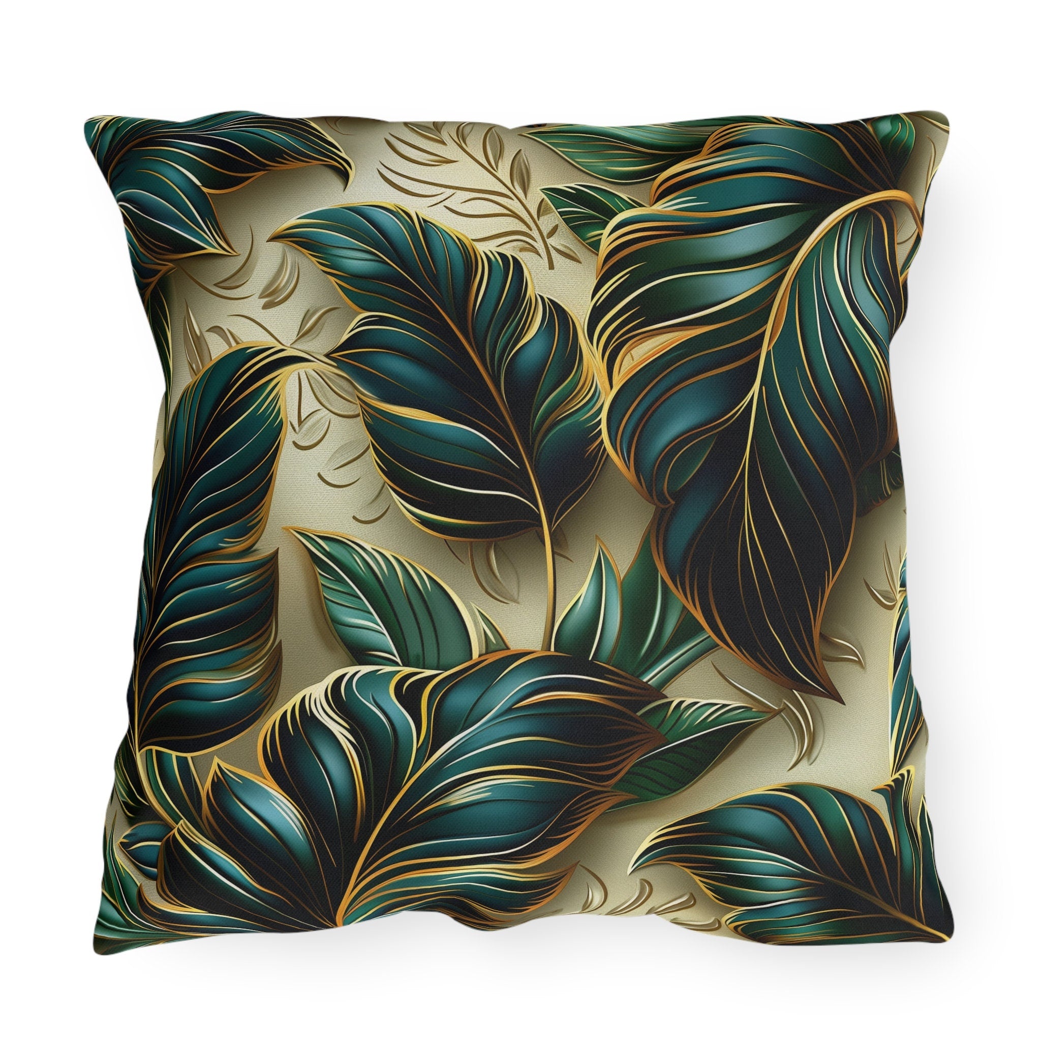Elegant Monstera Leaf Outdoor Pillow: Tropical Chic, Beige and Green