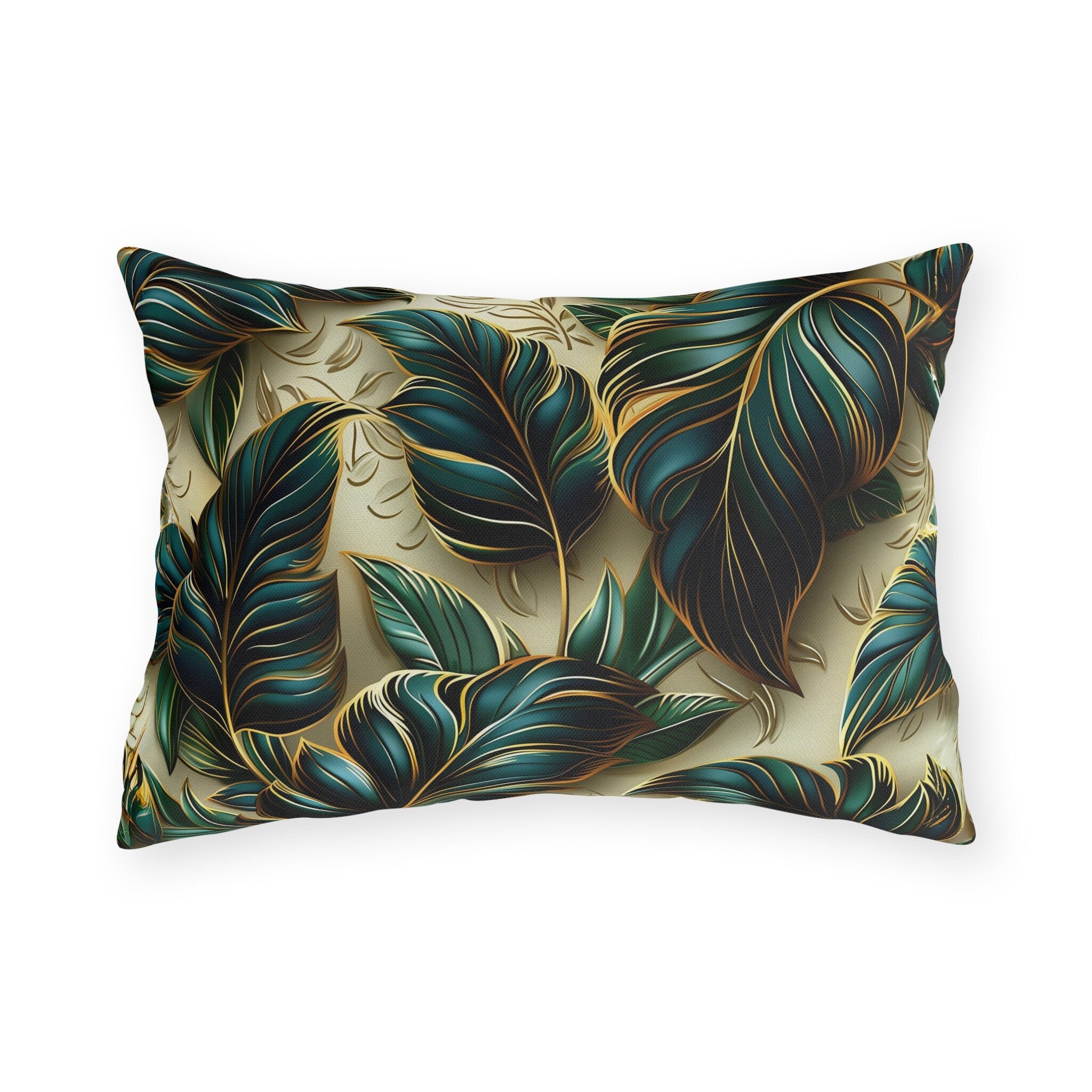 Elegant Monstera Leaf Outdoor Pillow: Tropical Chic, Beige and Green