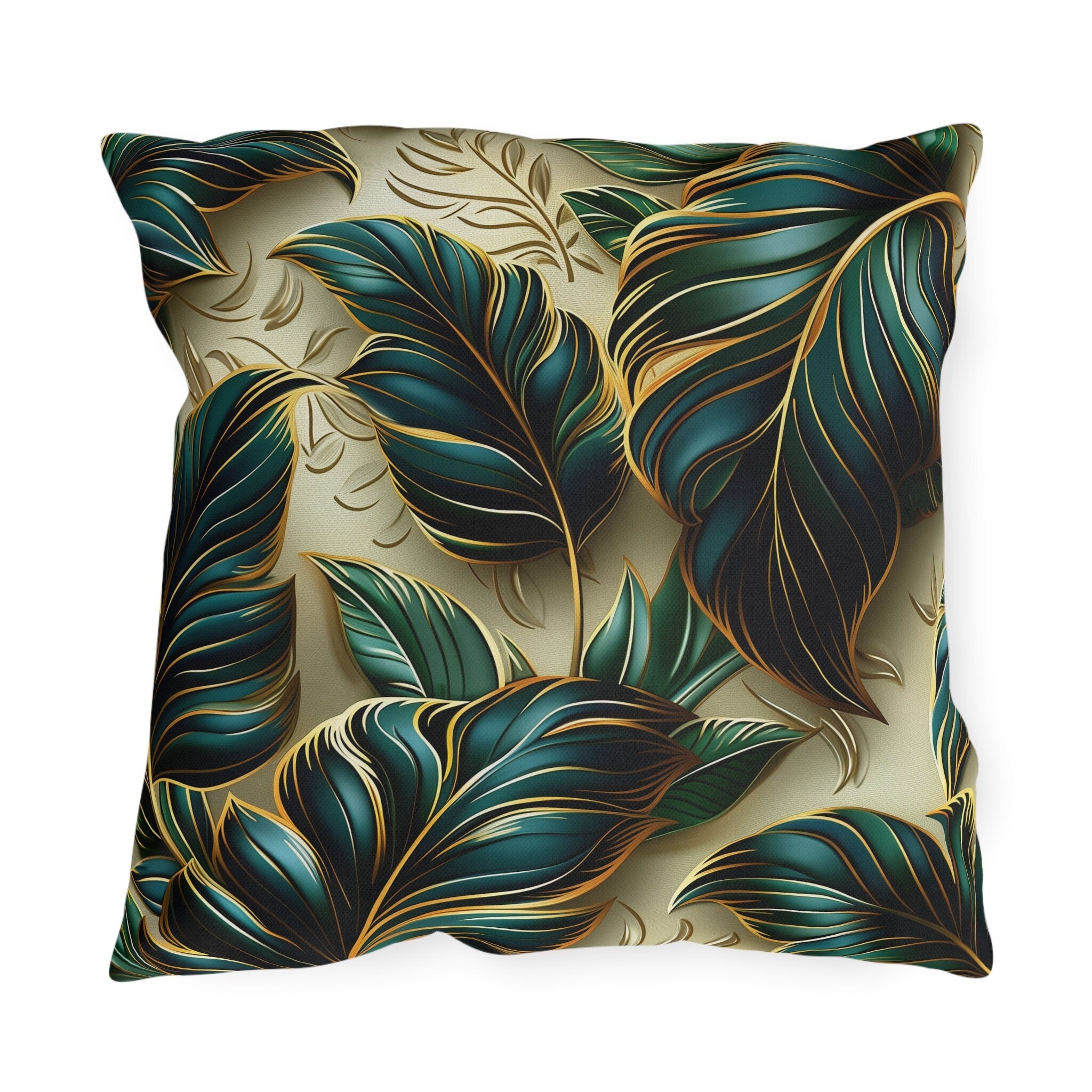 Elegant Monstera Leaf Outdoor Pillow: Tropical Chic, Beige and Green