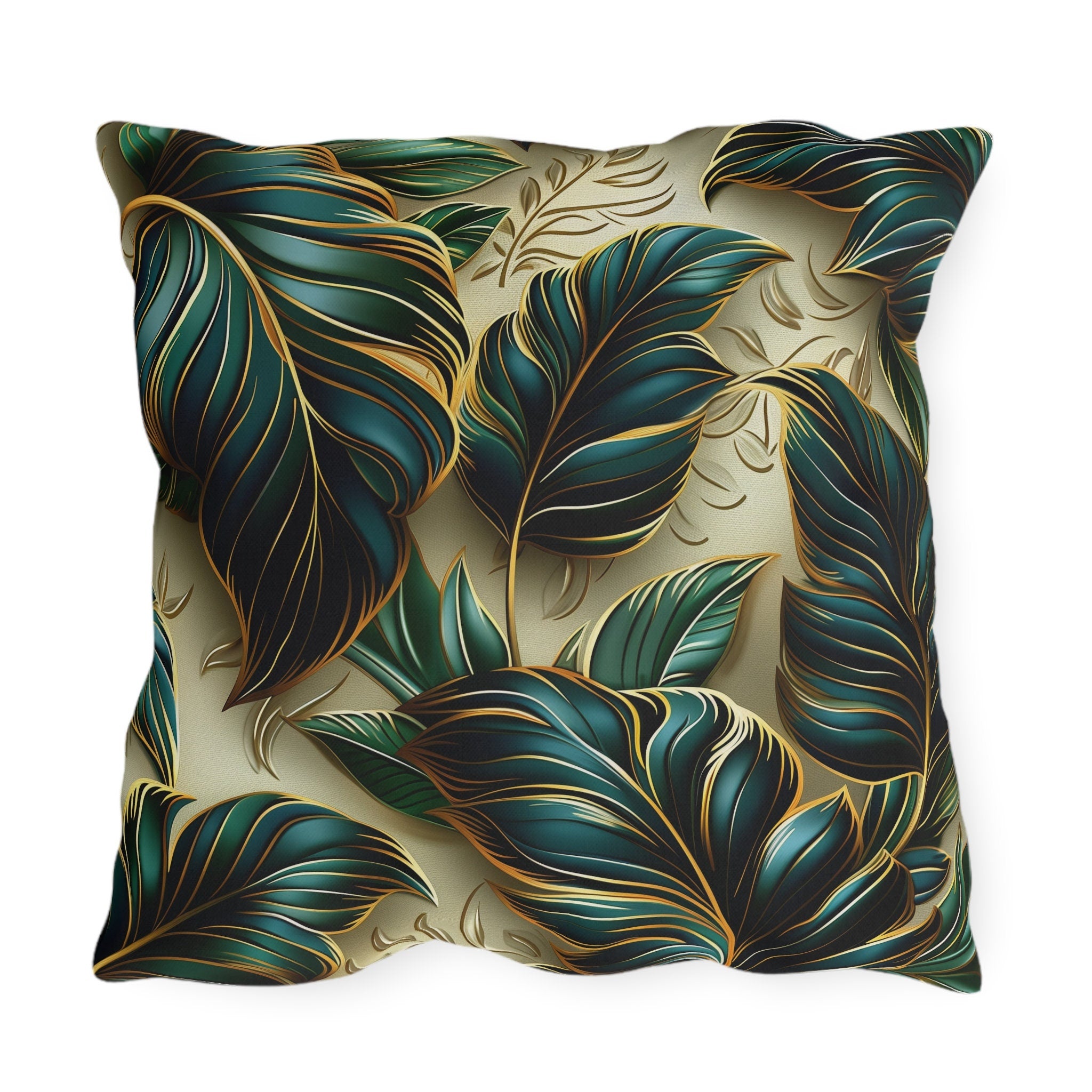 Elegant Monstera Leaf Outdoor Pillow: Tropical Chic, Beige and Green