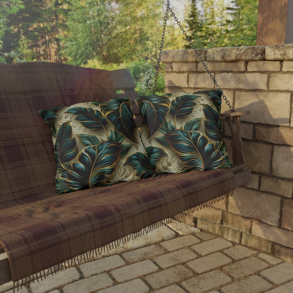 Elegant Monstera Leaf Outdoor Pillow: Tropical Chic, Beige and Green