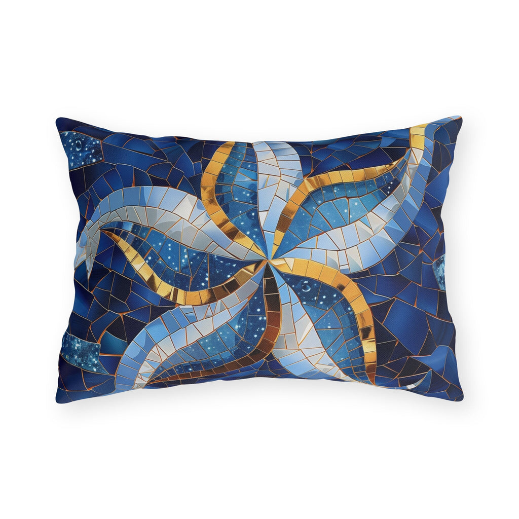 Cobalt Blue Starfish Mosaic Outdoor Pillow - Nautical Patio Cushion, Water-Resistant Beach Decor