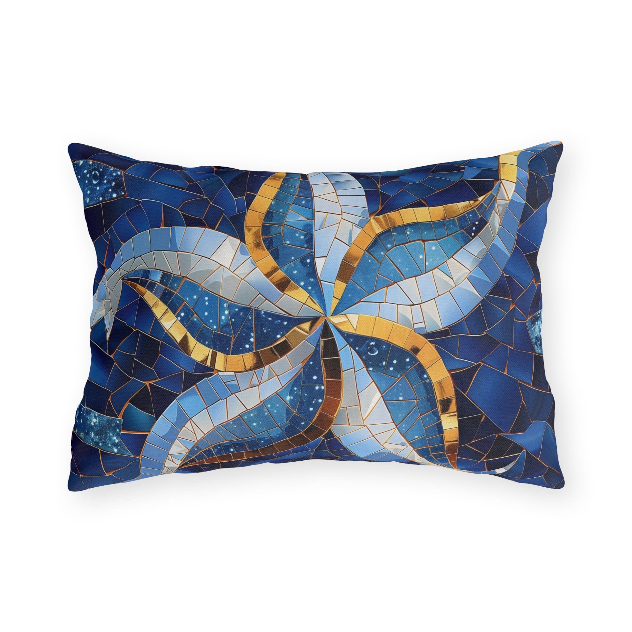 Cobalt Blue Starfish Mosaic Outdoor Pillow - Nautical Patio Cushion, Water-Resistant Beach Decor