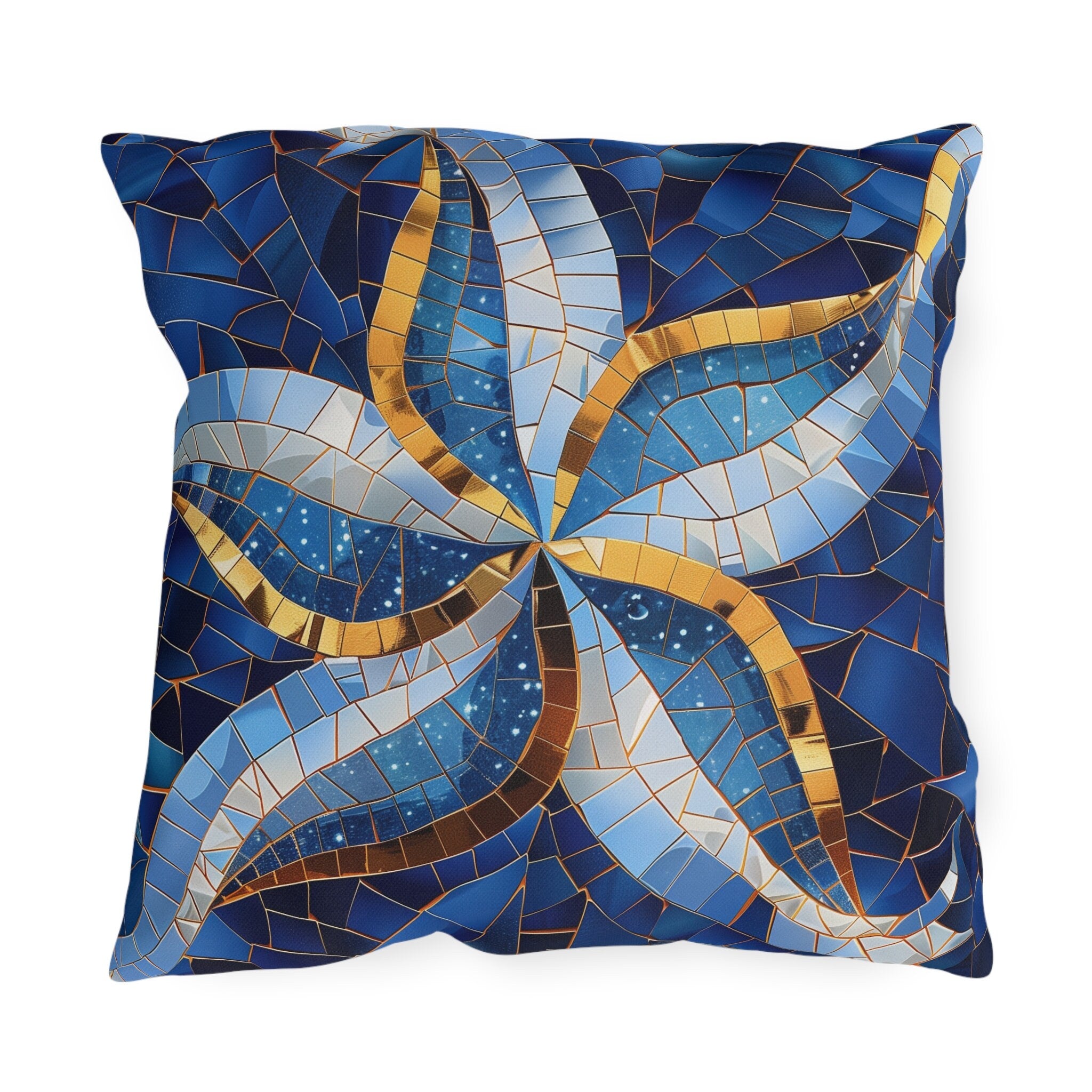 Cobalt Blue Starfish Mosaic Outdoor Pillow - Nautical Patio Cushion, Water-Resistant Beach Decor