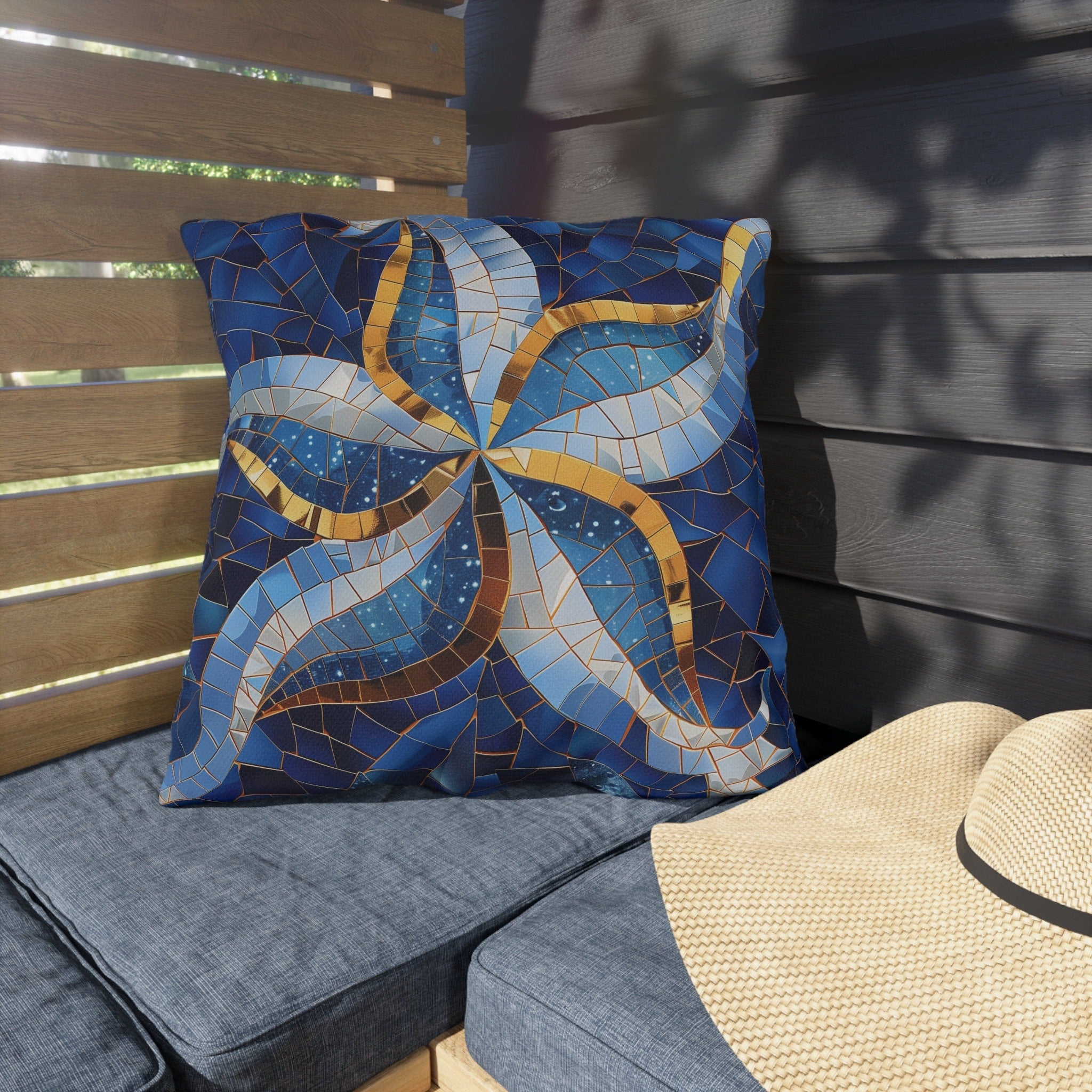 Cobalt Blue Starfish Mosaic Outdoor Pillow - Nautical Patio Cushion, Water-Resistant Beach Decor