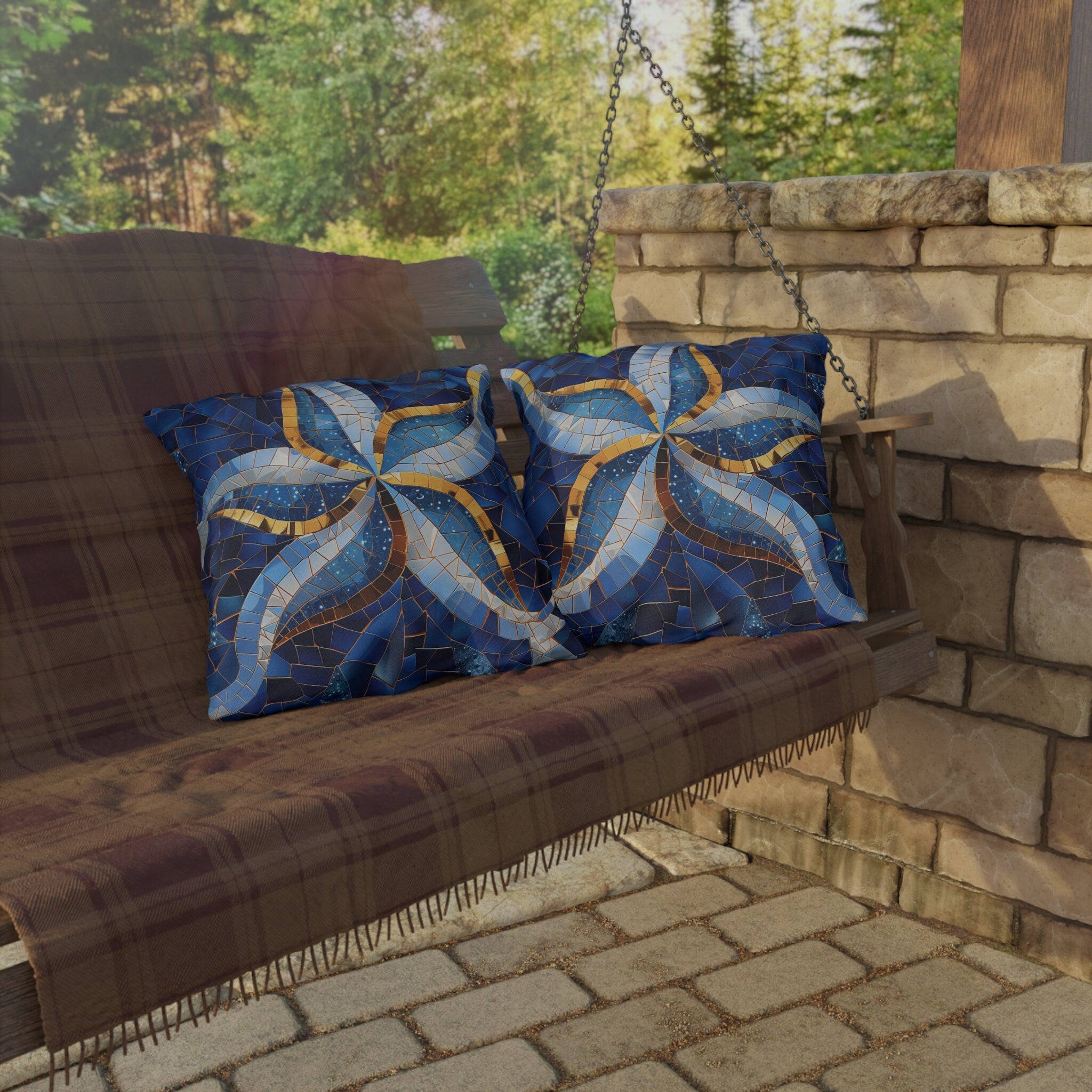 Cobalt Blue Starfish Mosaic Outdoor Pillow - Nautical Patio Cushion, Water-Resistant Beach Decor