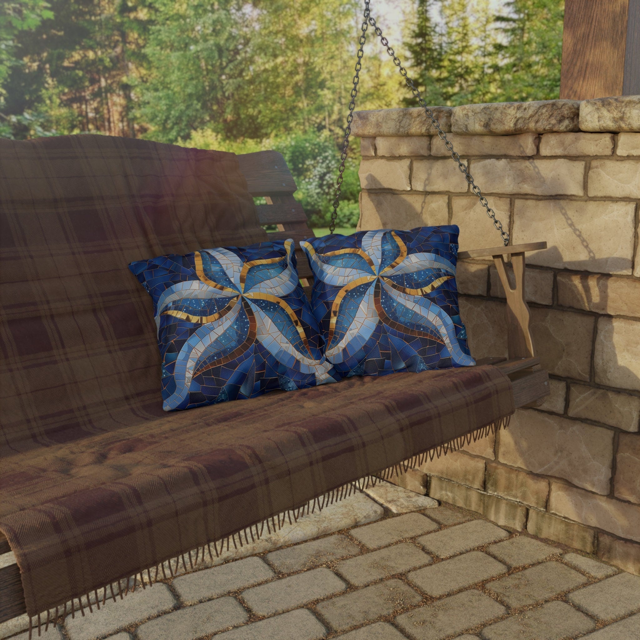 Cobalt Blue Starfish Mosaic Outdoor Pillow - Nautical Patio Cushion, Water-Resistant Beach Decor