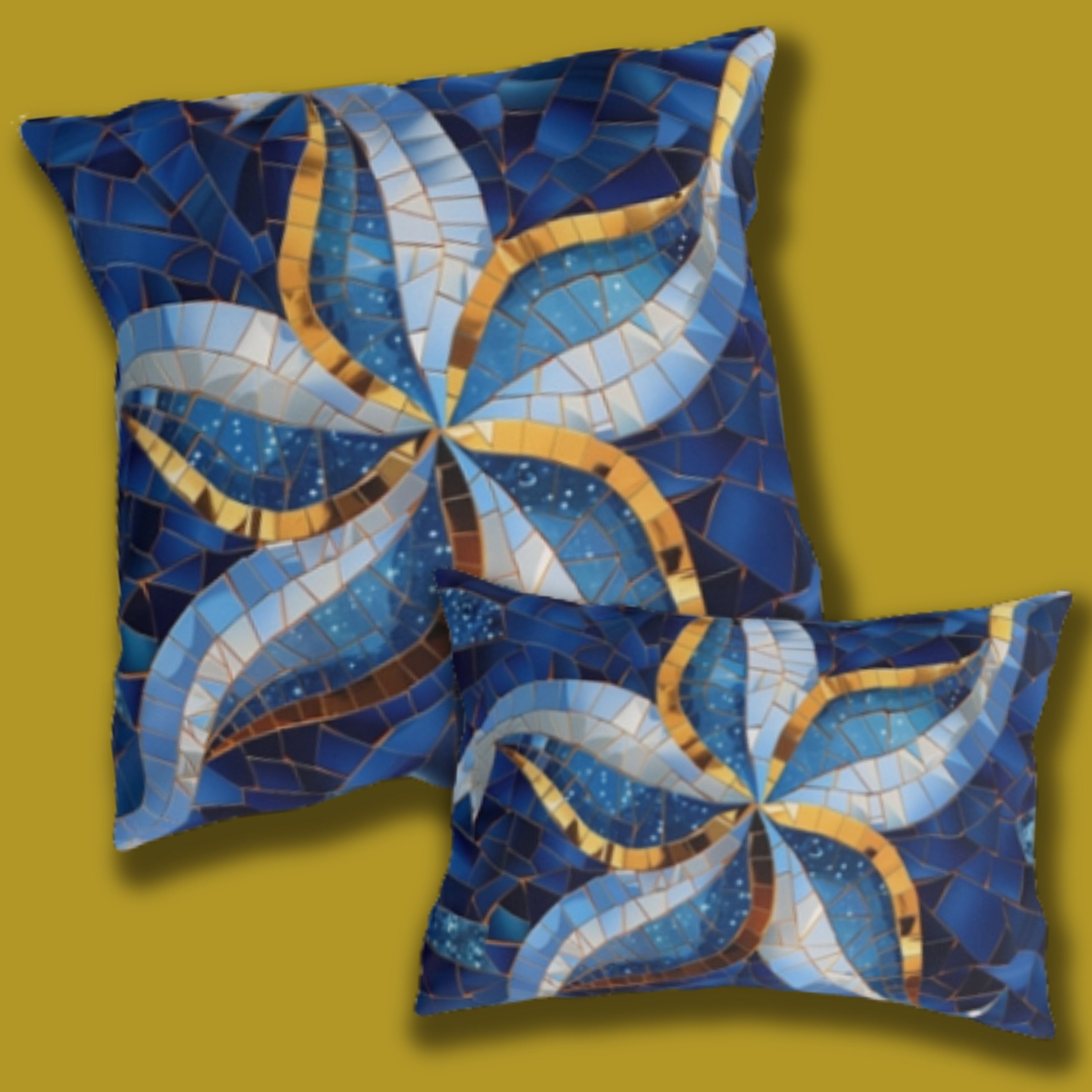 Cobalt Blue Starfish Mosaic Outdoor Pillow - Nautical Patio Cushion, Water-Resistant Beach Decor