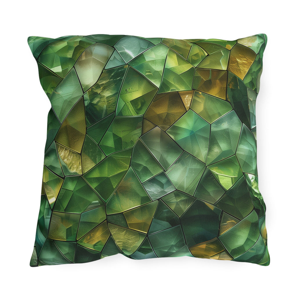 Green Geometric Outdoor Pillow: Mosaic Crystal Design, UV & Water Resistant