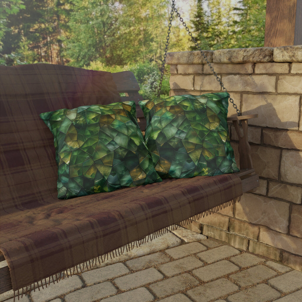 Green Geometric Outdoor Pillow: Mosaic Crystal Design, UV & Water Resistant