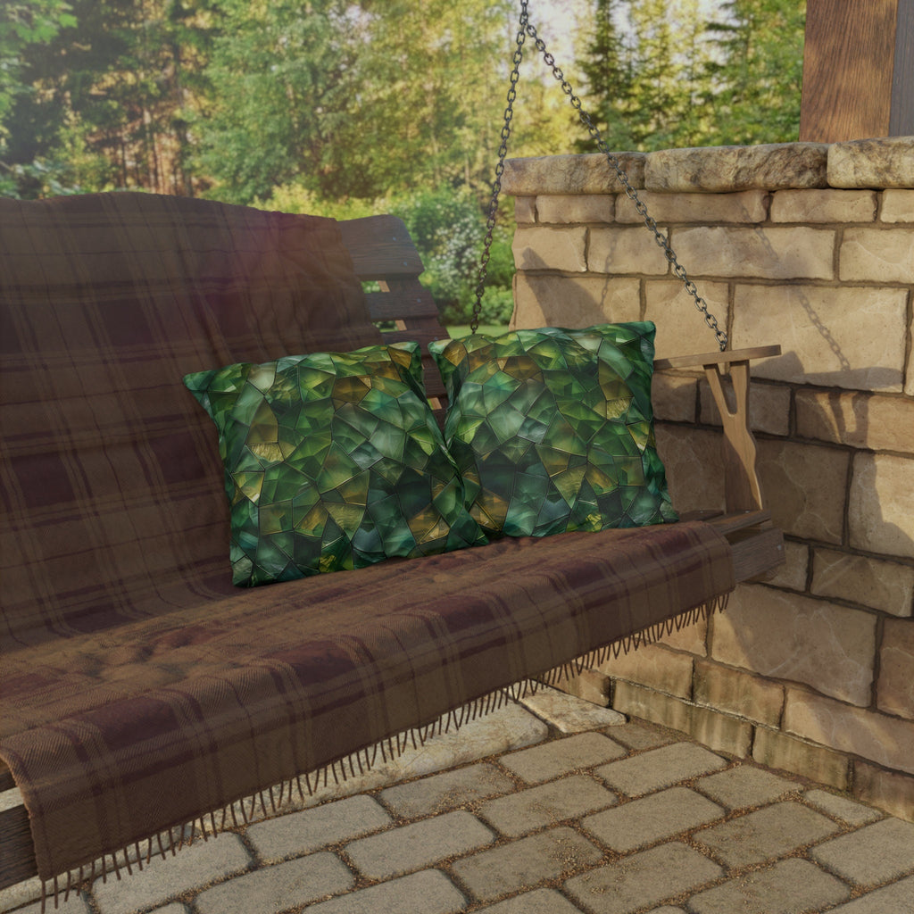 Green Geometric Outdoor Pillow: Mosaic Crystal Design, UV & Water Resistant