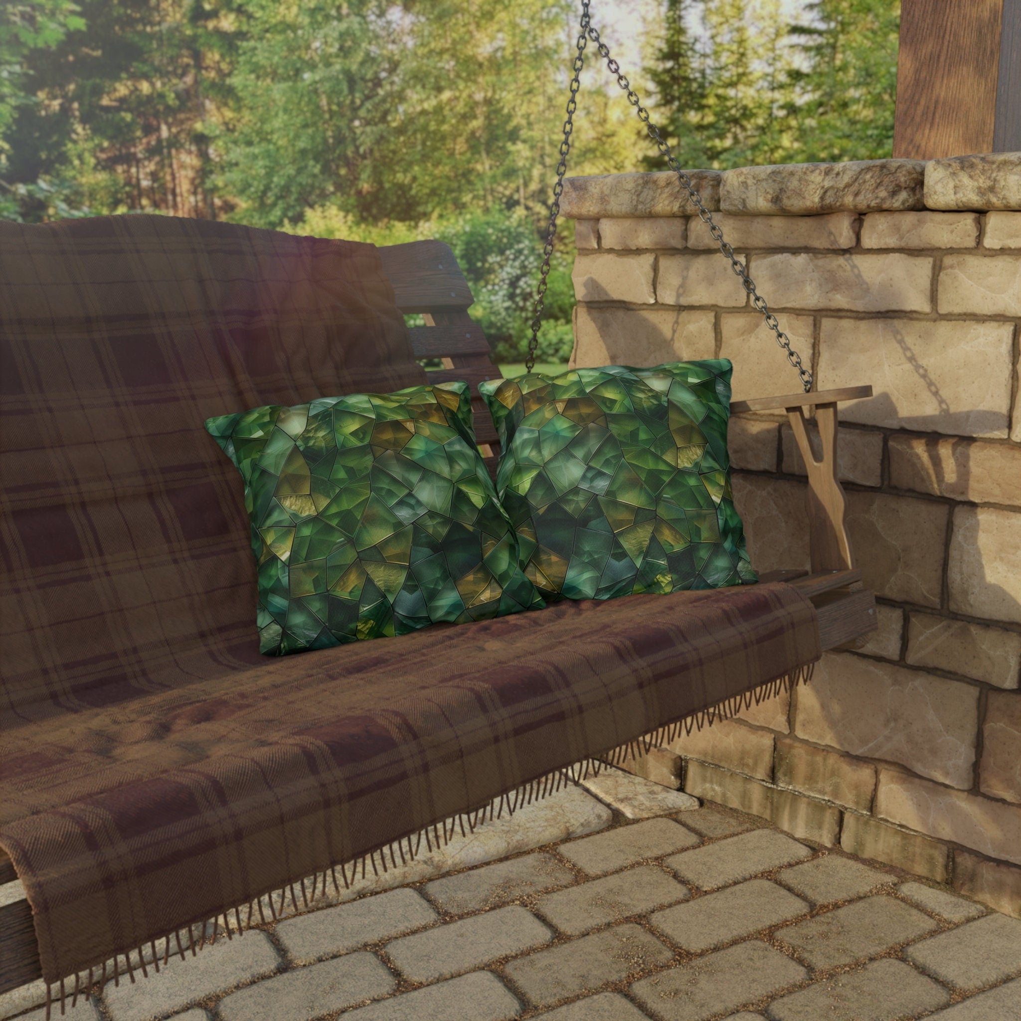Green Geometric Outdoor Pillow: Mosaic Crystal Design, UV & Water Resistant