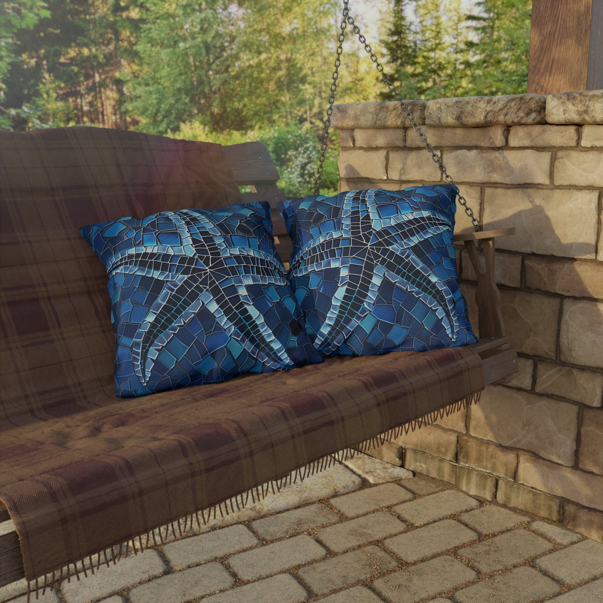 Waterproof Mosaic Starfish Outdoor Pillow: Coastal Decor for Patio, Beach House & Poolside