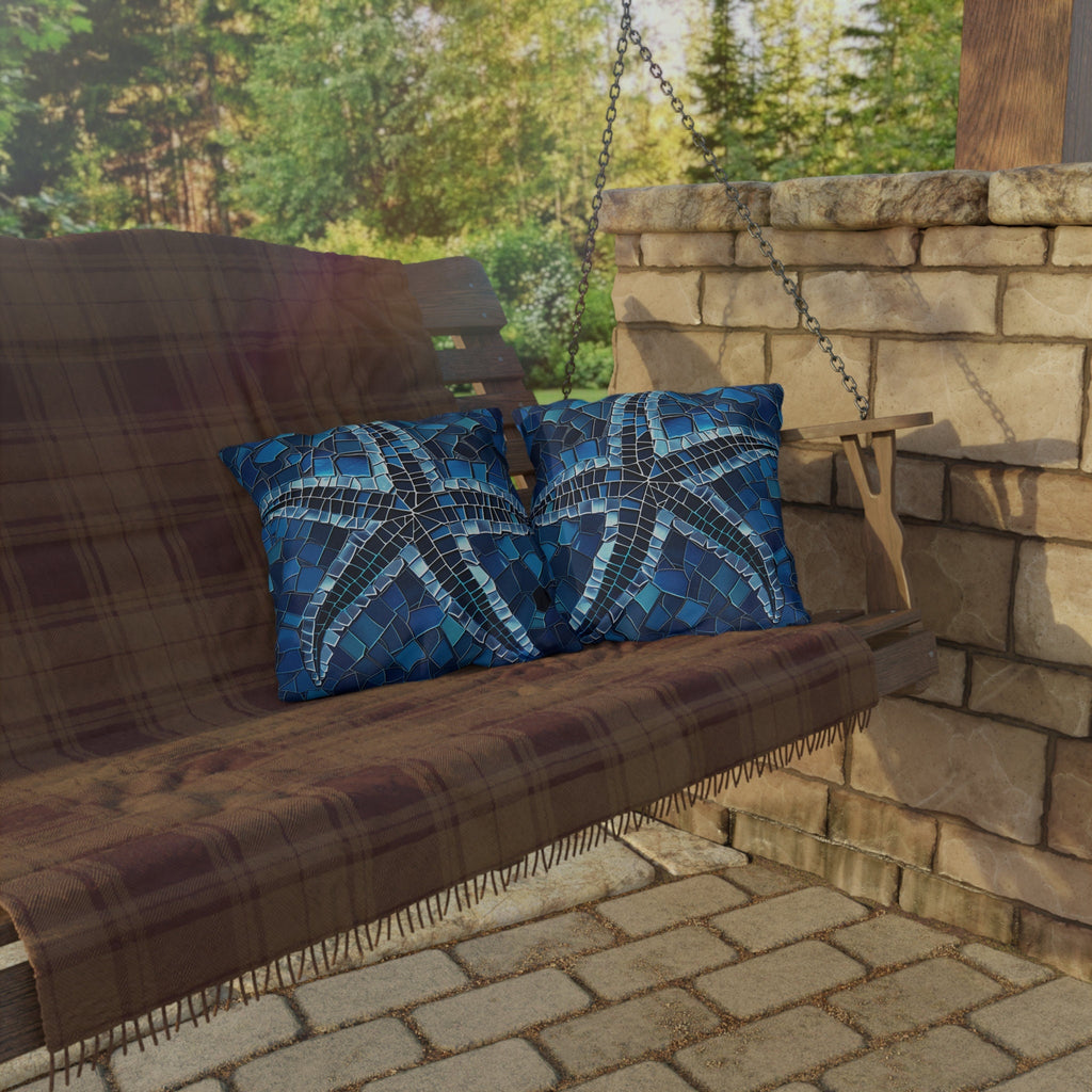 Waterproof Mosaic Starfish Outdoor Pillow: Coastal Decor for Patio, Beach House & Poolside