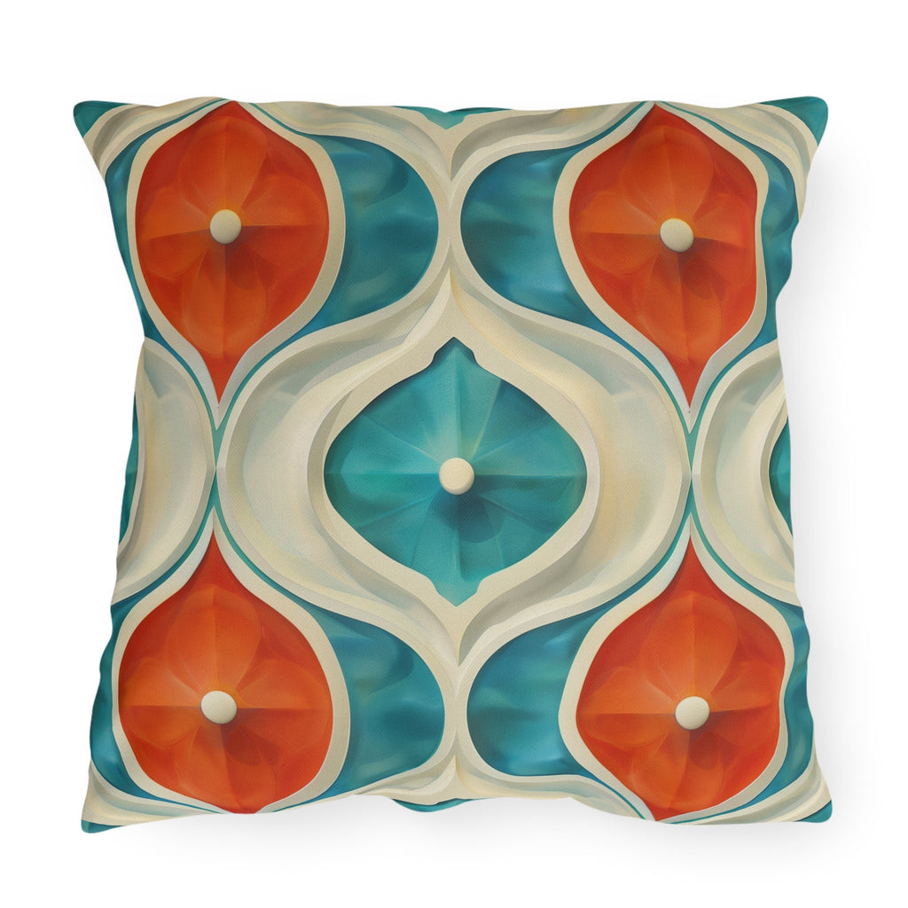 Retro Geometric Outdoor Pillow: Mid-Century Modern Turquoise & Orange UV-Resistant Cushion