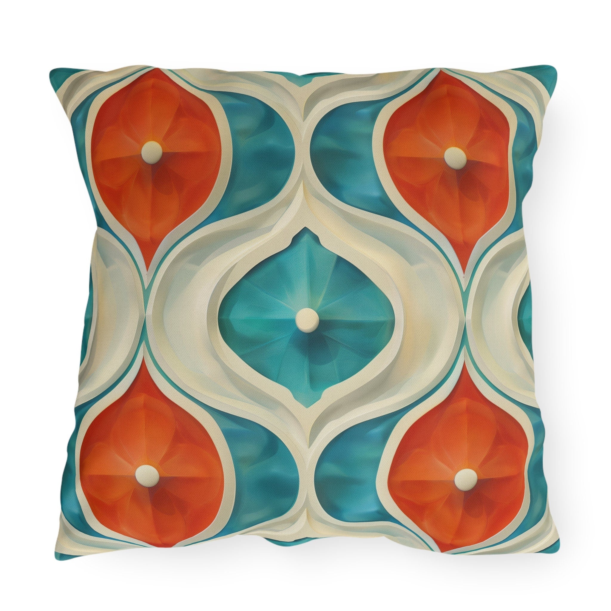 Retro Geometric Outdoor Pillow: Mid-Century Modern Turquoise & Orange UV-Resistant Cushion